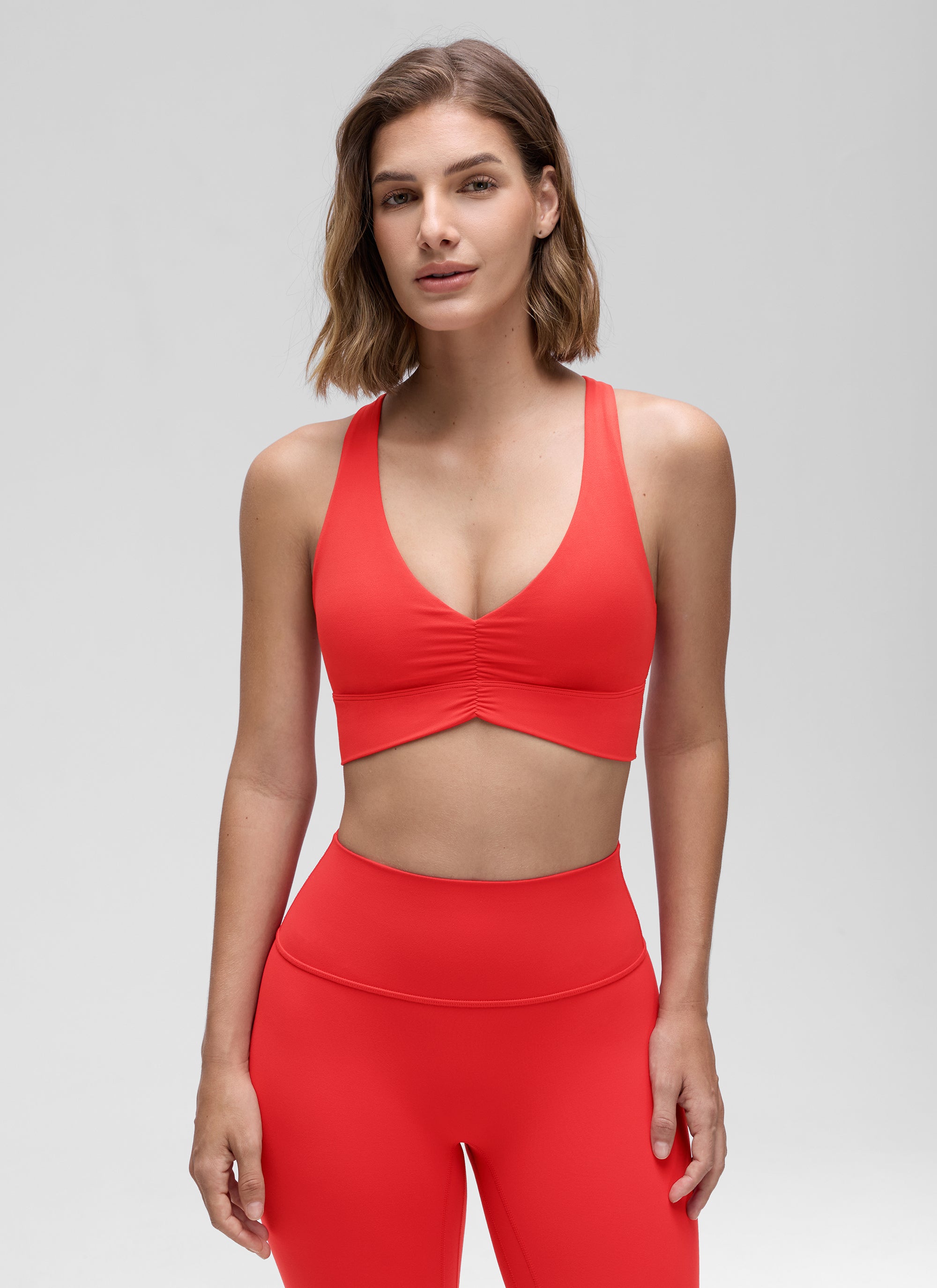 CRZ YOGA Women's Light Support Butterluxe Yoga Bra Ruched V Neck Deep Red