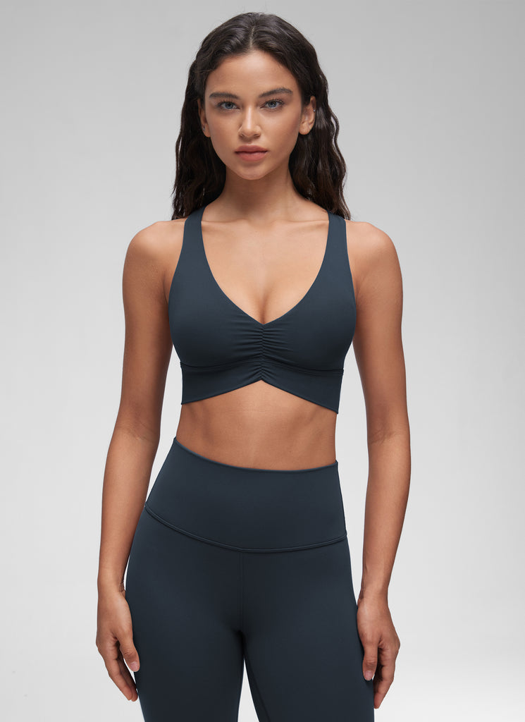 CRZ YOGA Women's Light Support Butterluxe Yoga Bra Ruched V Neck True Navy