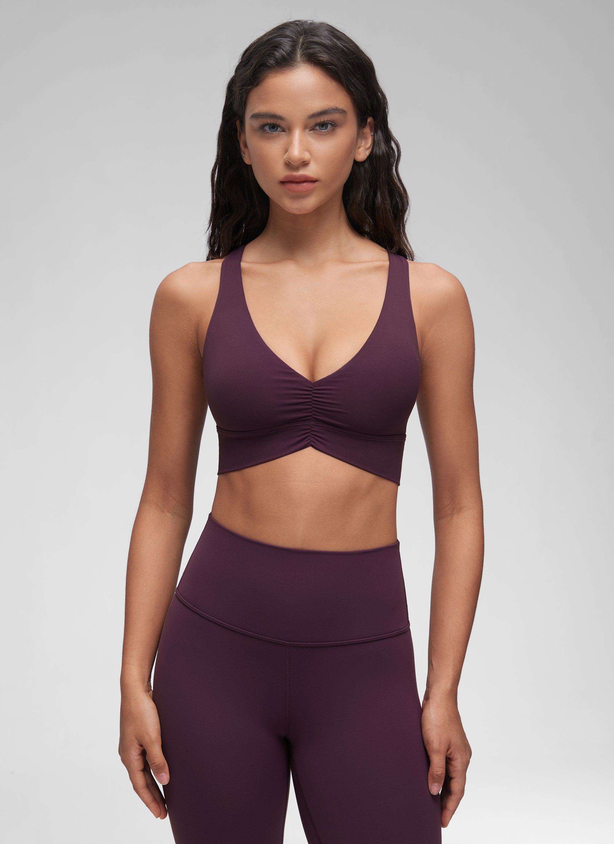 CRZ YOGA Women's Light Support Butterluxe Yoga Bra Ruched V Neck Deep Purple