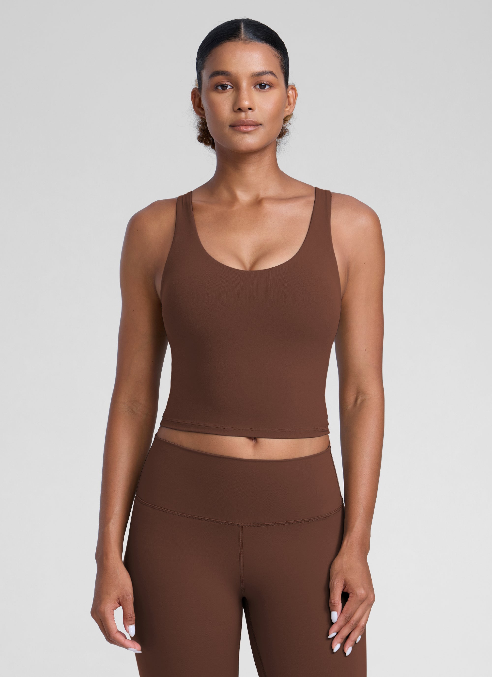CRZ YOGA Womens Butterlift Racerback U Neck Yoga Built in Bra Tank Coffee Brown