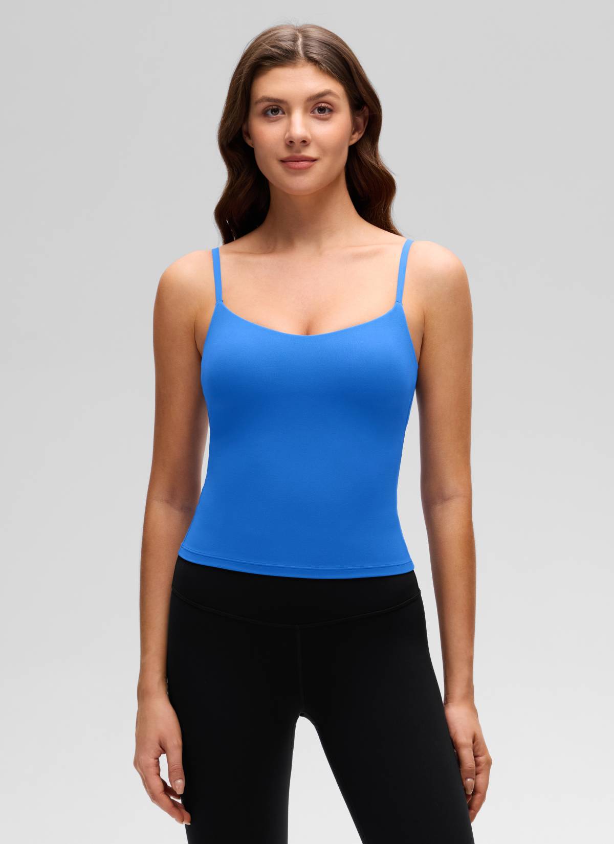 CRZ YOGA Women's Butterluxe Yoga U Back Waist Length Built in Bra Tank Sparkle Blue @model_info:Gelya