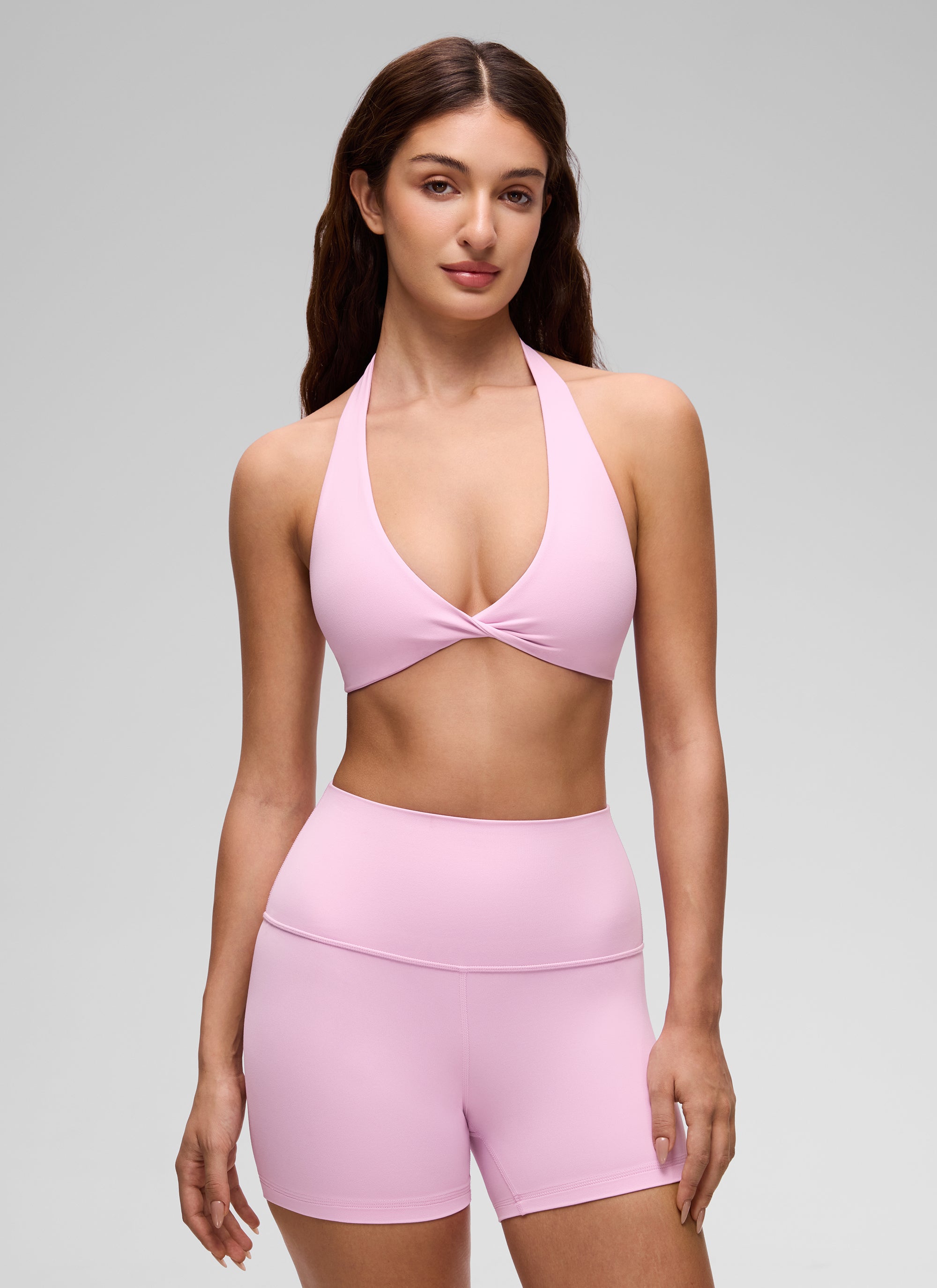 CRZ YOGA Women's Butterluxe Yoga V Neck Crop Double Lined Sports Bra Vita Pink