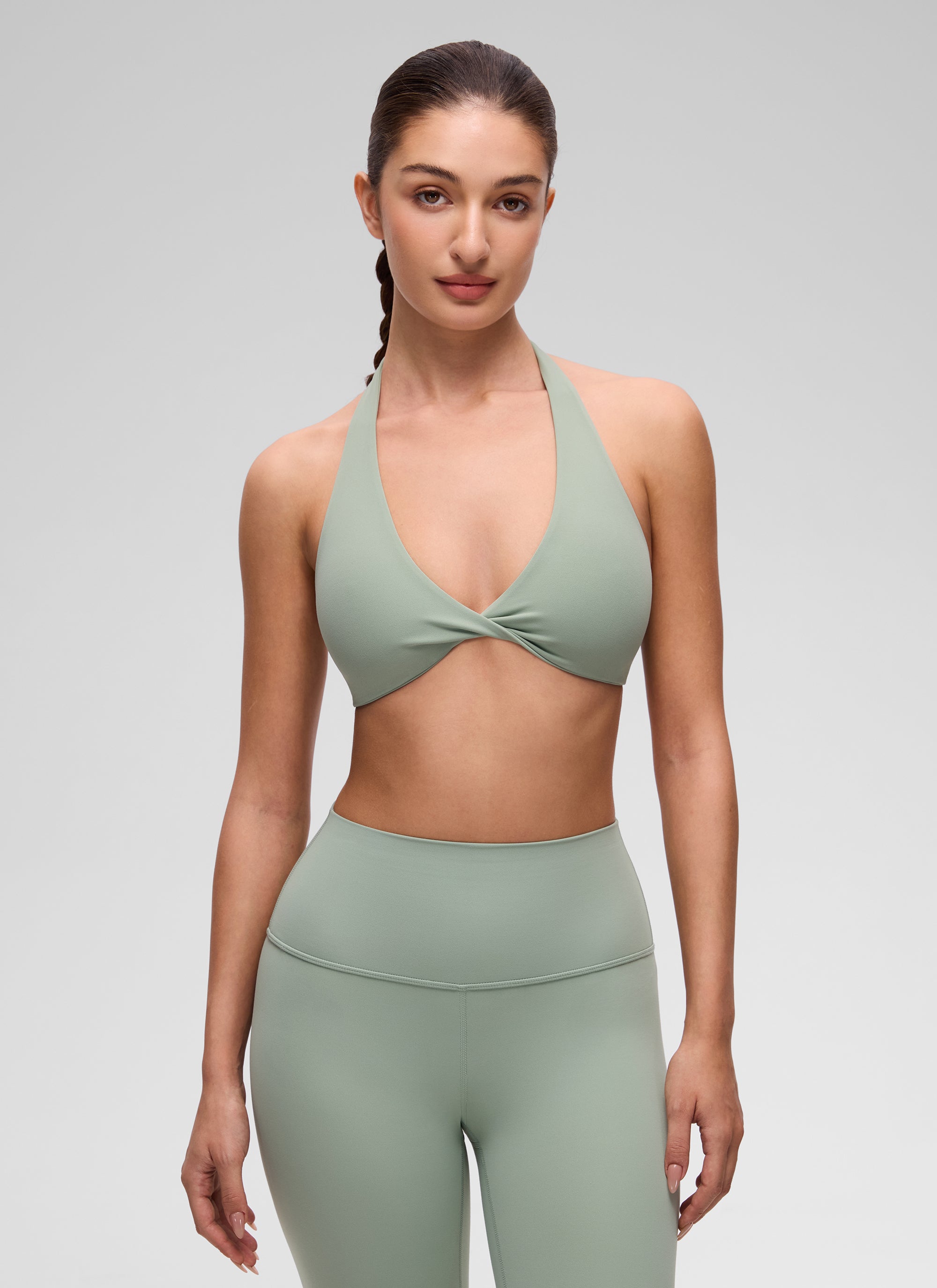 CRZ YOGA Women's Butterluxe Yoga V Neck Crop Double Lined Sports Bra Green Palm Court