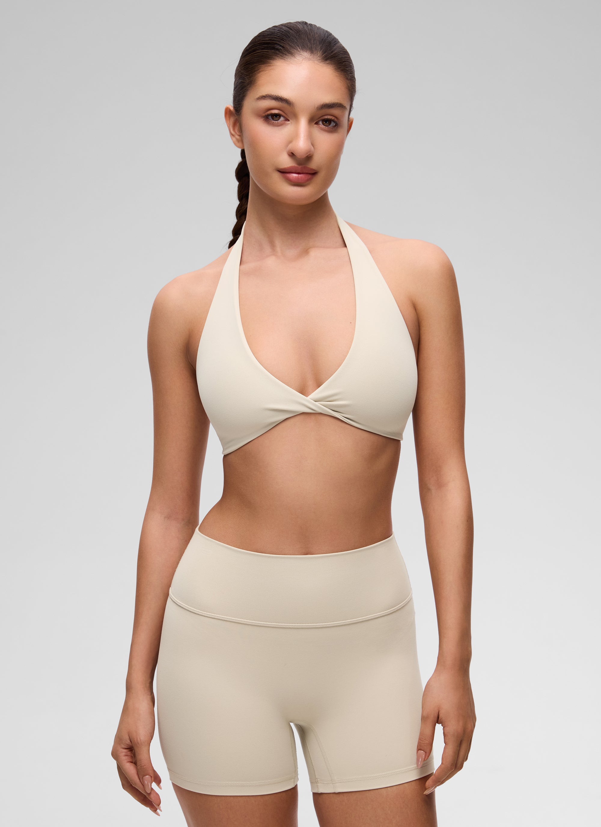 CRZ YOGA Women's Butterluxe Yoga V Neck Crop Double Lined Sports Bra Mojave Tan