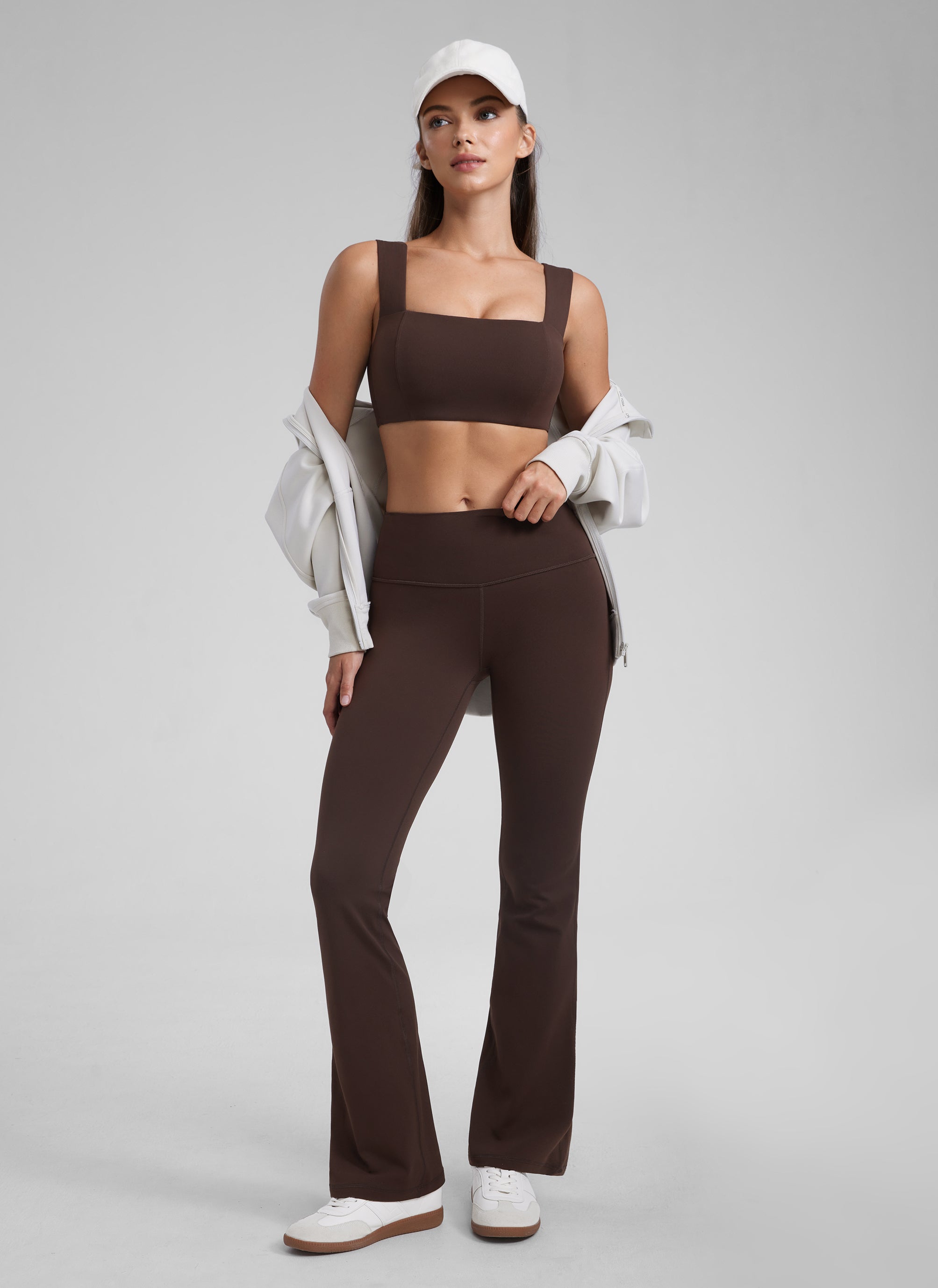 CRZ YOGA Butterluxe Womens Square Neck Open Back Wide straps Sports Bras Hot Fudge Brown