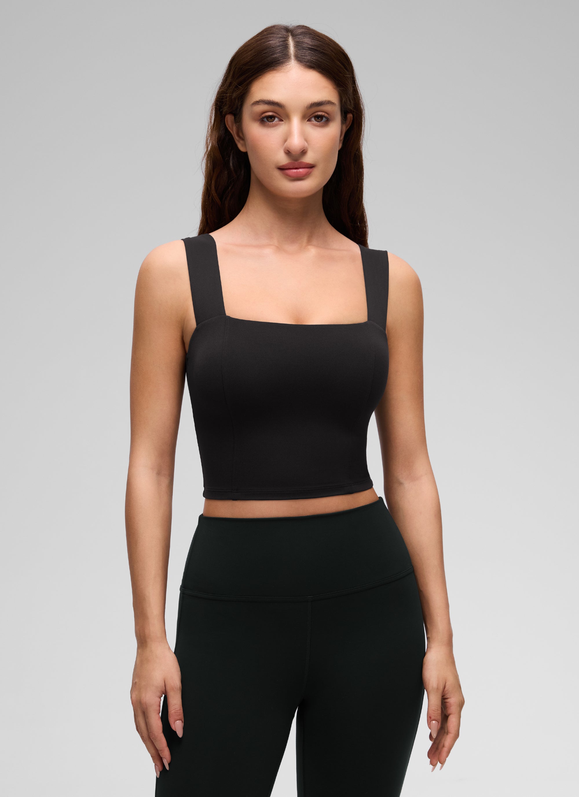 CRZ YOGA Women's Butterluxe Square Neck Crop Built in Bra Tank Black