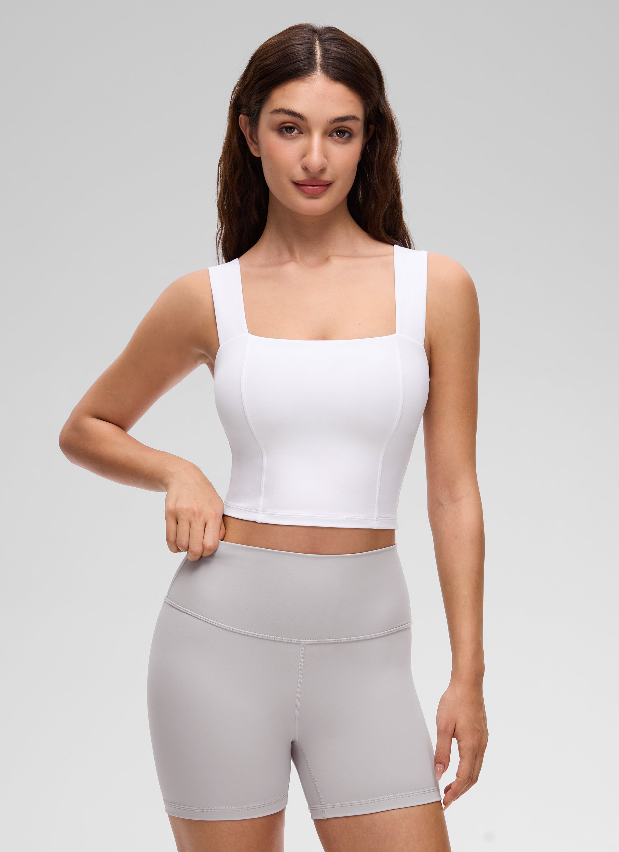 CRZ YOGA Women's Butterluxe Square Neck Crop Built in Bra Tank White