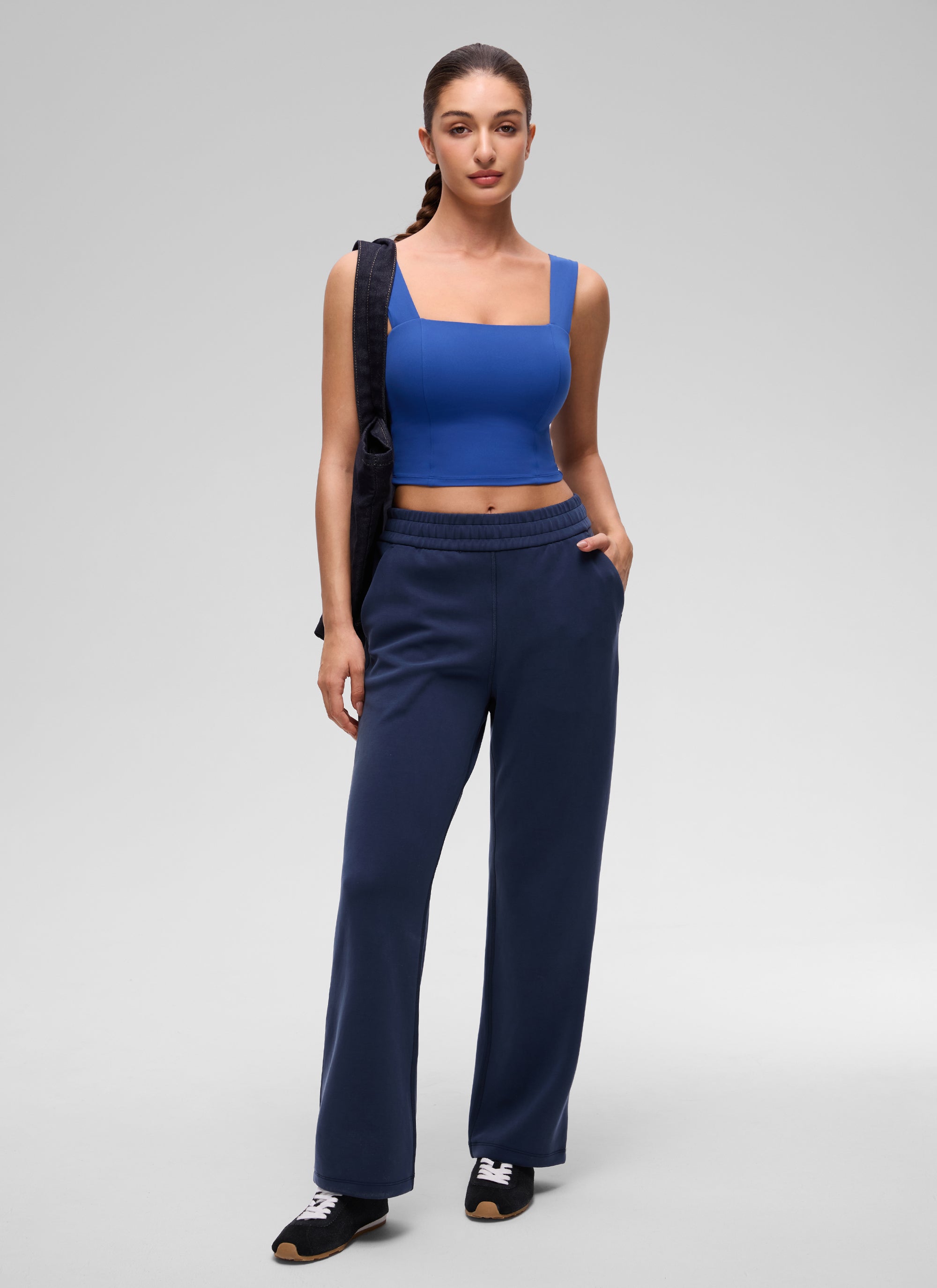 CRZ YOGA Women's Butterluxe Square Neck Crop Built in Bra Tank Waves Blue