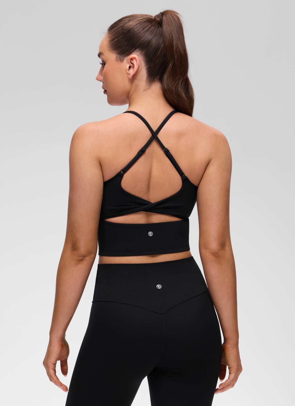 CRZ YOGA Women's Butterluxe U Neck Twist Cross Back Built in Bra Tank Black @model_info:Brooklyn