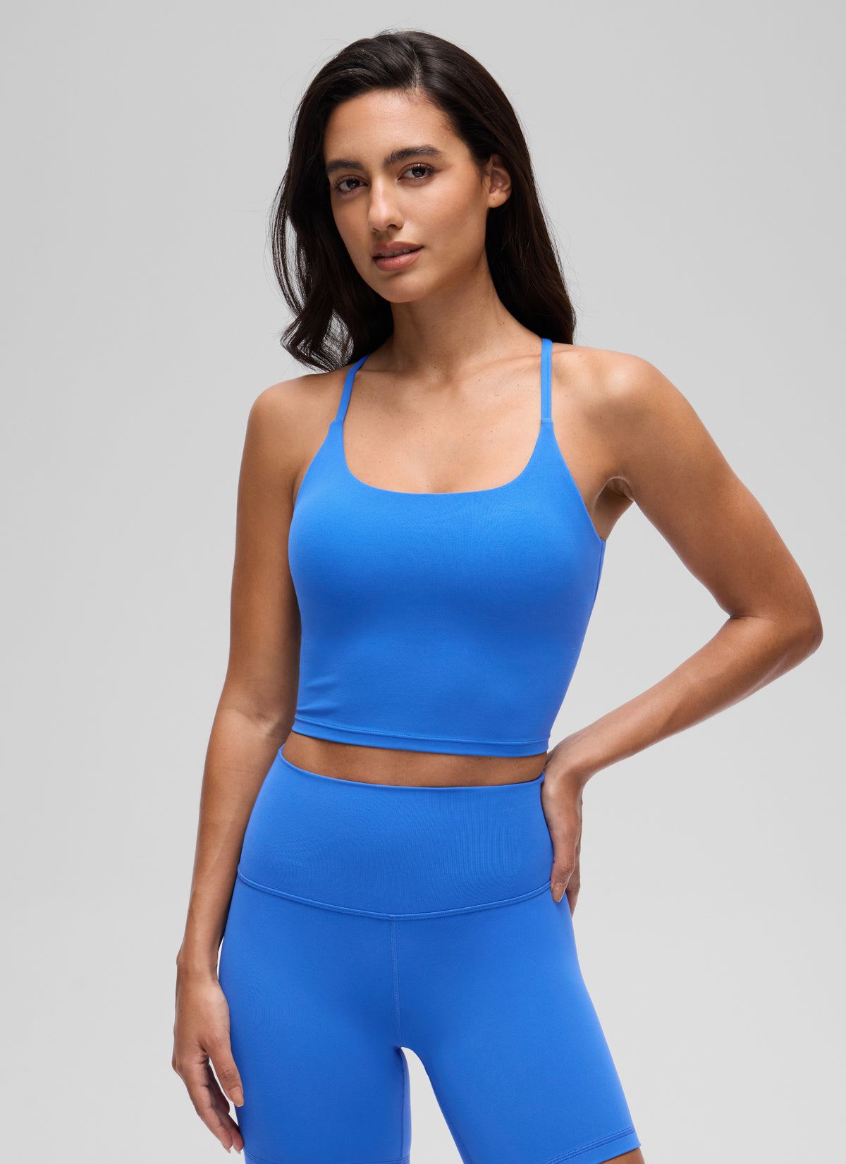 CRZ YOGA Women's Butterluxe U Neck Twist Cross Back Built in Bra Tank Sparkle Blue @model_info:A