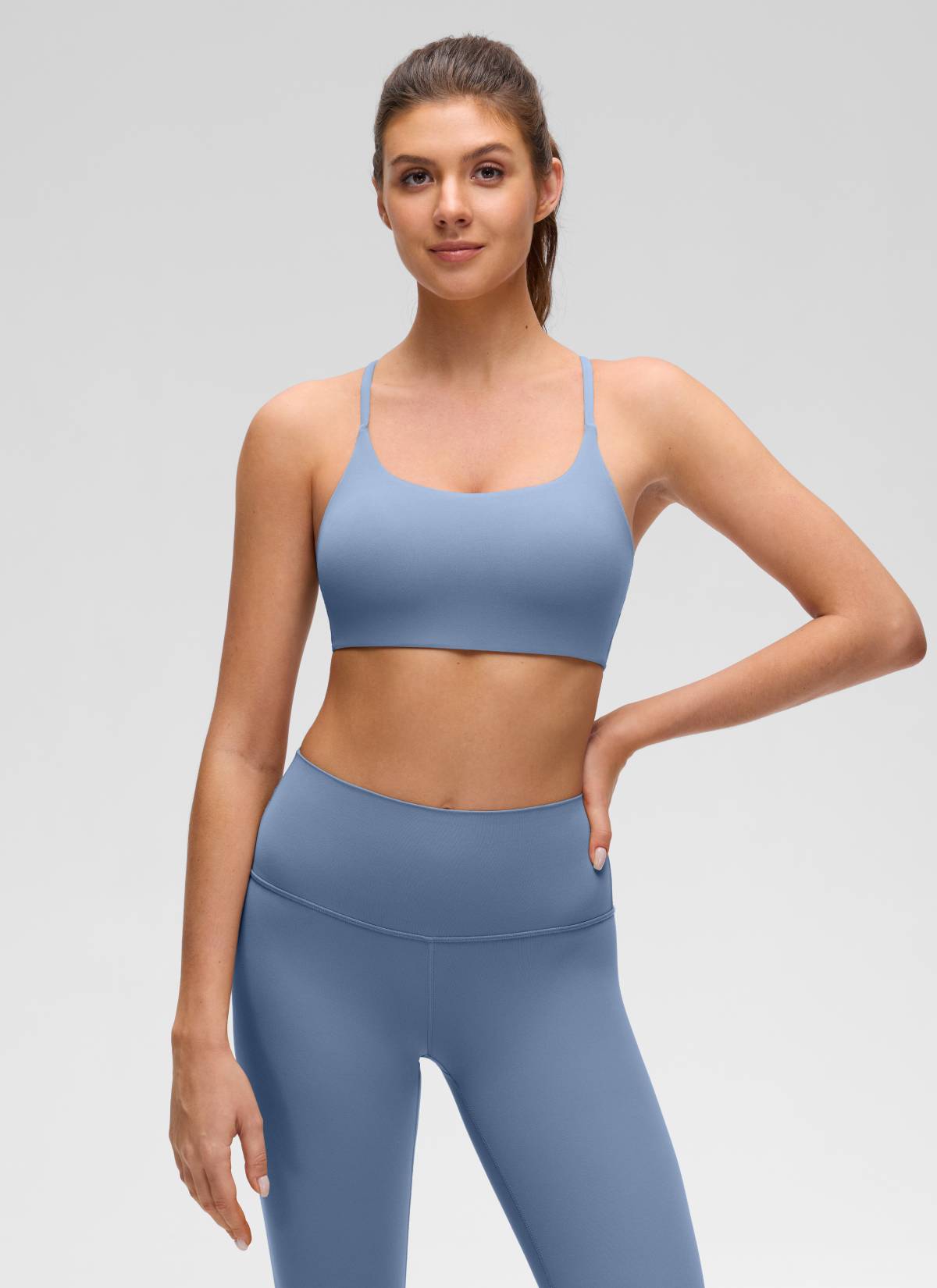 CRZ YOGA Women's Butterluxe Yoga Scoop Neck Twist Cross Back Sport Bra Washed Denim