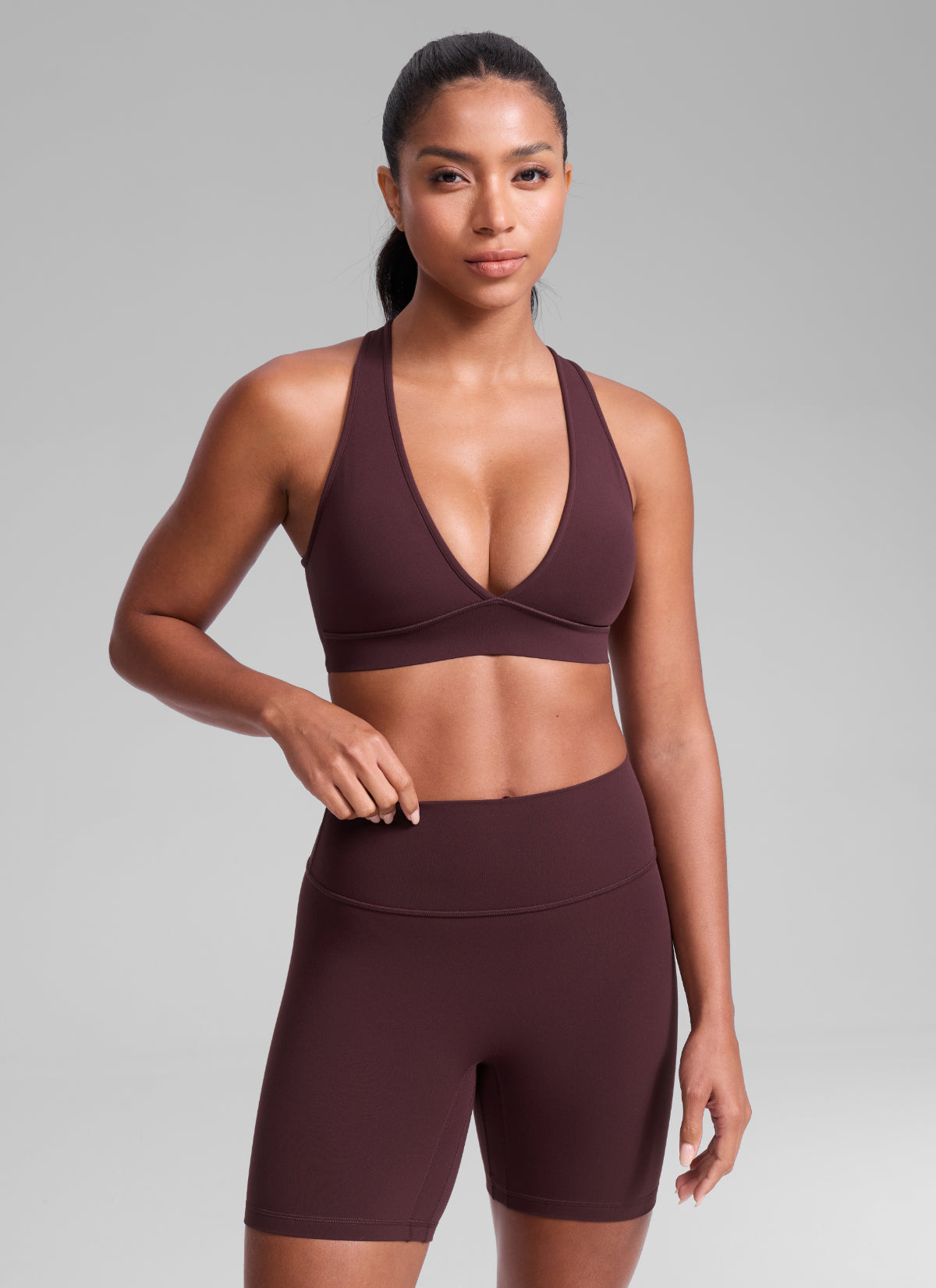 CRZ YOGA Women's Butterlift® Workout Deep V Neck Cross Back Sports Bra Ripe Plum
