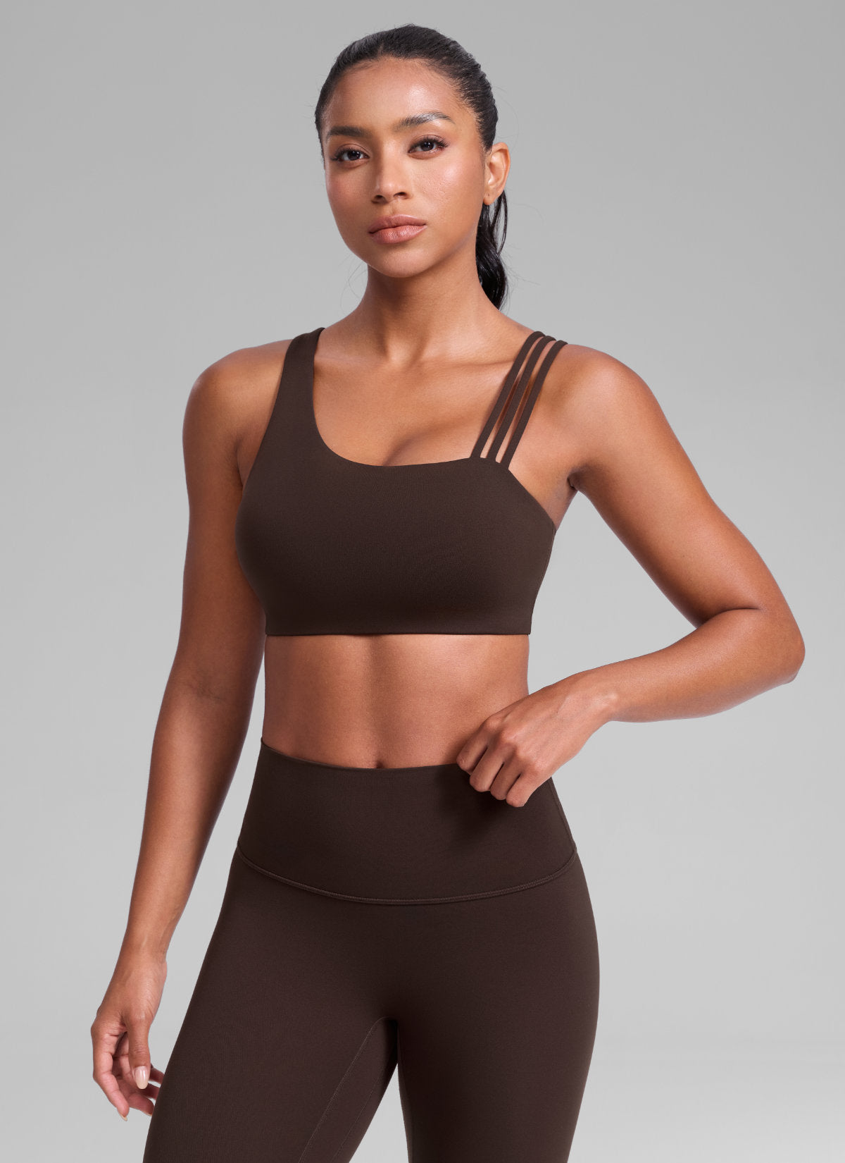 Women's Butterlift® Yoga Asymmetric Straps Sports Bra Medium Support Hot Fudge Brown
