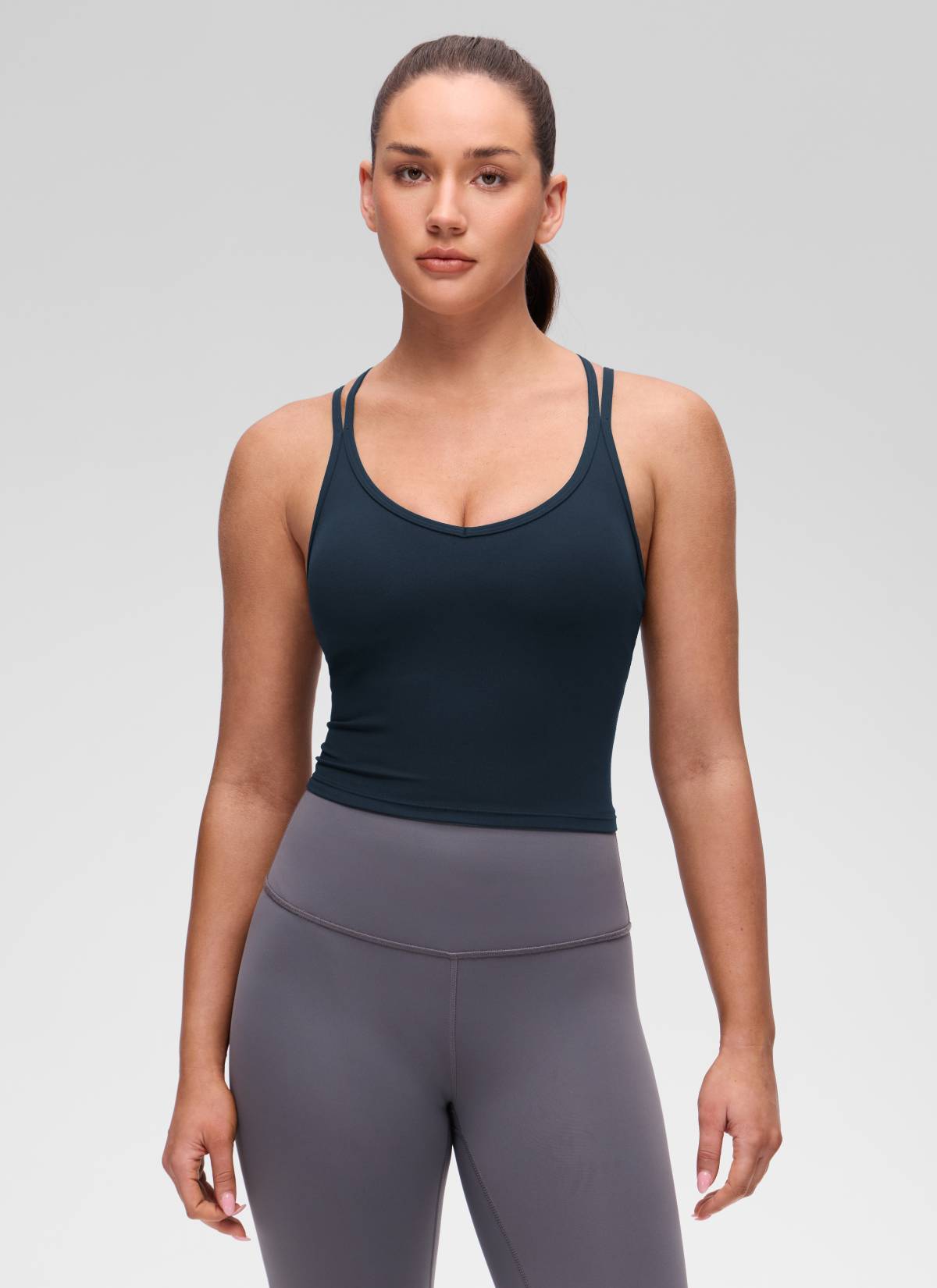 CRZ YOGA Women's Butterluxe Yoga V Neck Cross Back Built in Bra Tank True Navy @model_info:Brooklyn