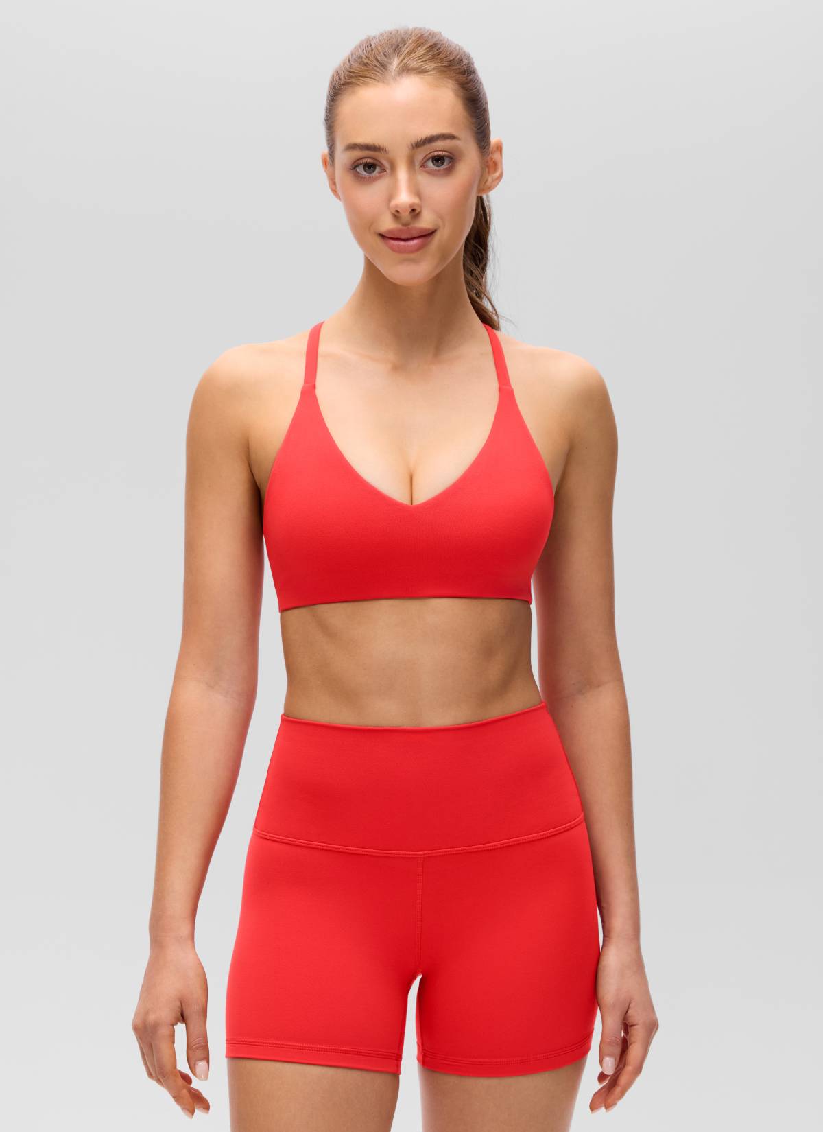 CRZ YOGA Women's Butterluxe V Neck  Racerback Thin Straps Sports Bra Deep Red