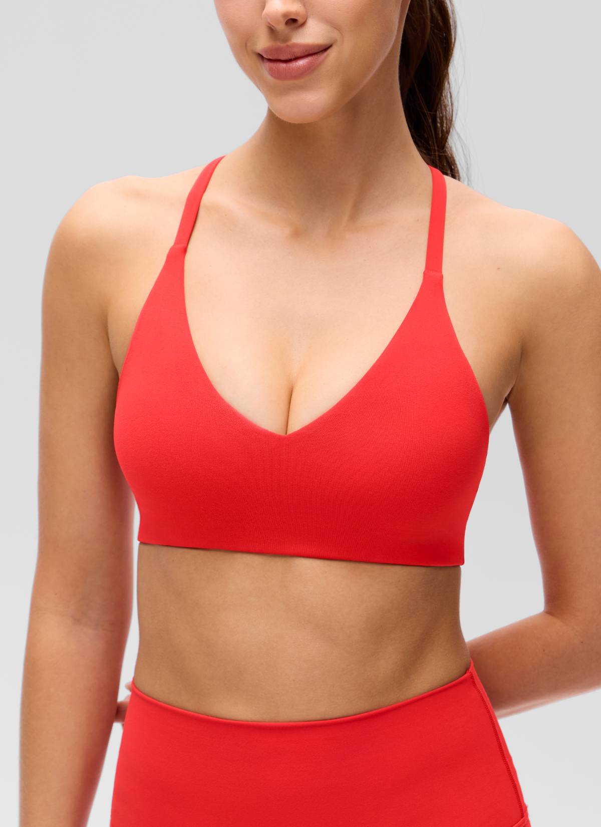 CRZ YOGA Women's Butterluxe V Neck  Racerback Thin Straps Sports Bra Deep Red
