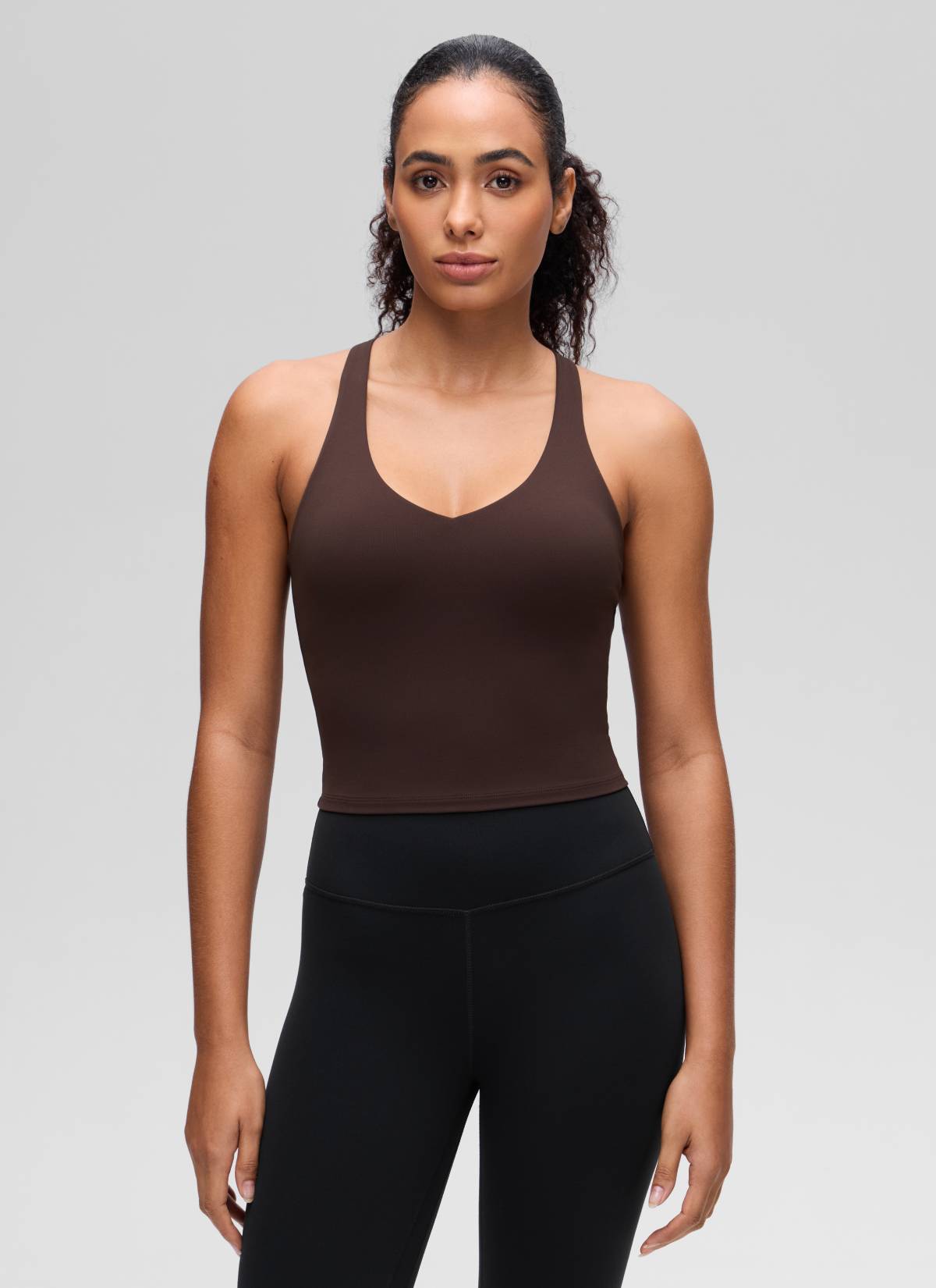 CRZ YOGA Women's Butterluxe Yoga V Neck RacerBack Built in Bra Tank Hot Fudge Brown