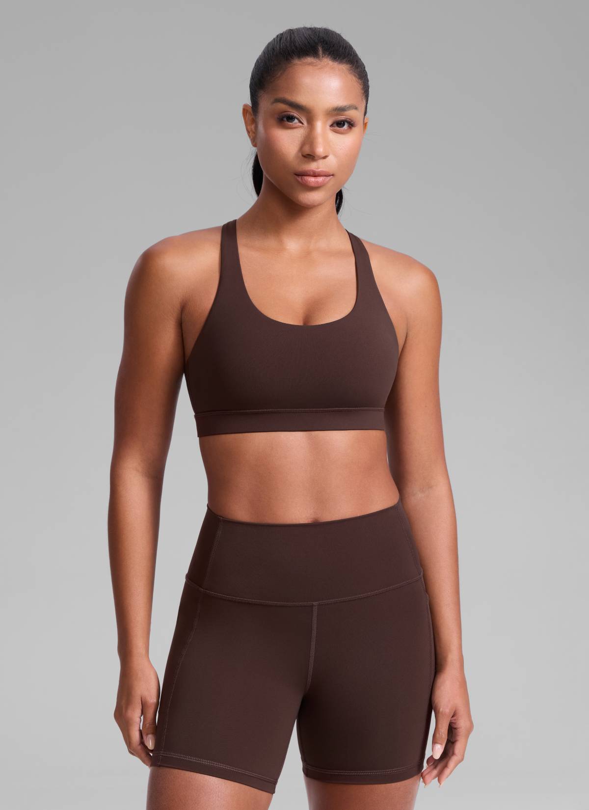 CRZ YOGA Women's Nakedfeel Training U Neck Criss Cross Back Sports Bra Hot Fudge Brown