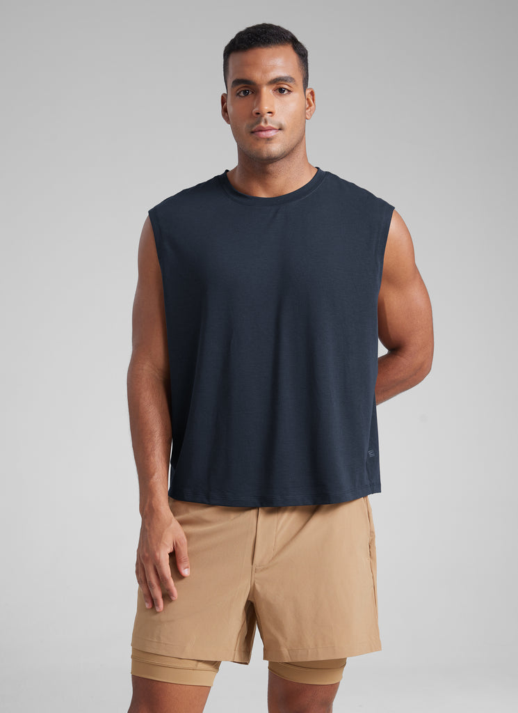 CRZ YOGA Men's Mesh Quick Dry Workout Relaxed Fit Tank Tops Sleeveless True Navy