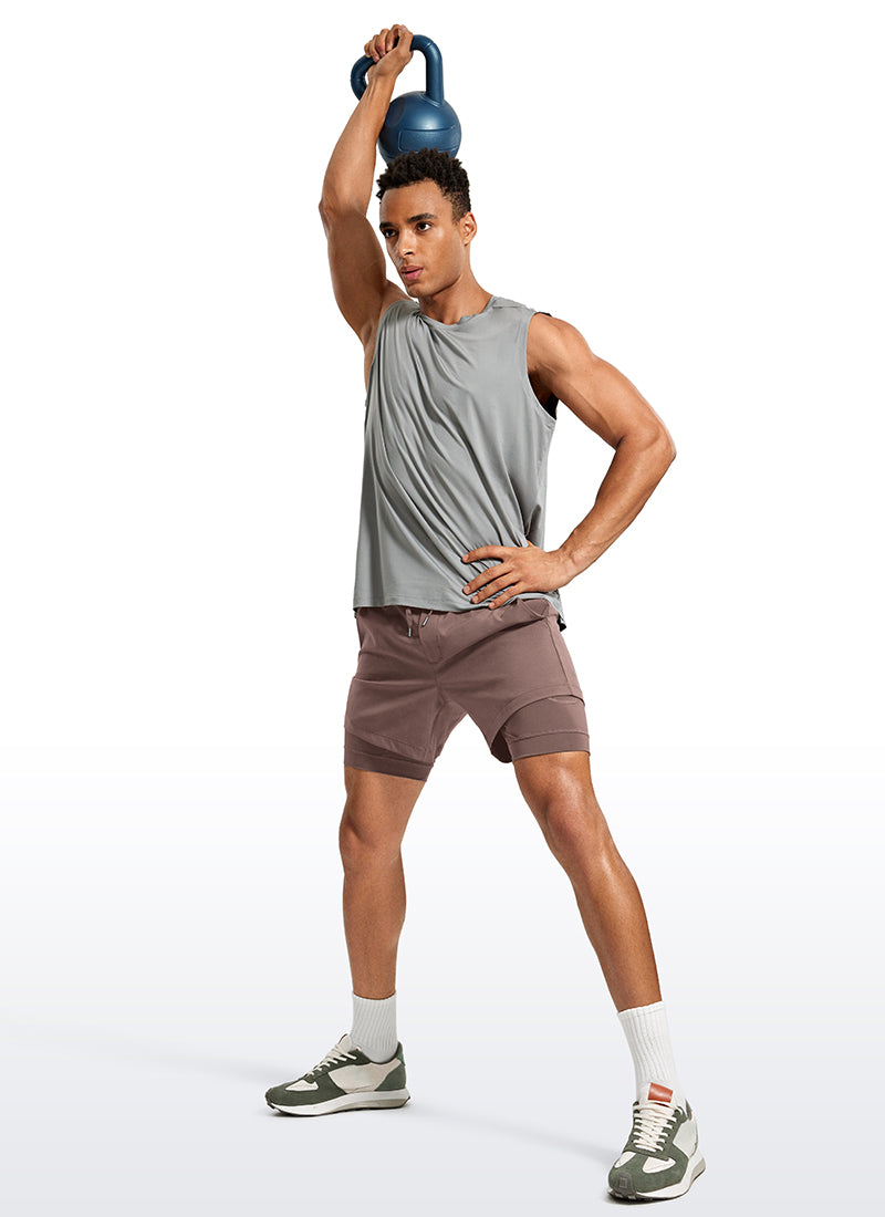 CRZ YOGA Men's Train Relaxed Fit Feathery-Fit 2 in 1 Shorts 5'' with Long Liner Brown Rock