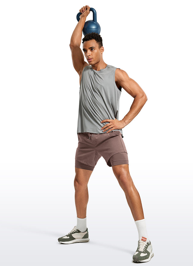 CRZ YOGA Men's Train Relaxed Fit Feathery-Fit 2 in 1 Shorts 5'' with Long Liner Brown Rock
