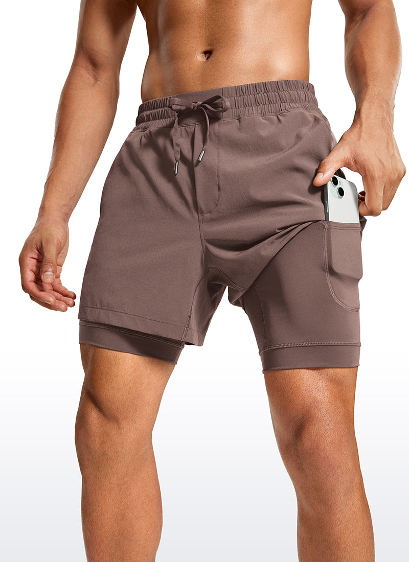 CRZ YOGA Men's Train Relaxed Fit Feathery-Fit 2 in 1 Shorts 5'' with Long Liner Brown Rock