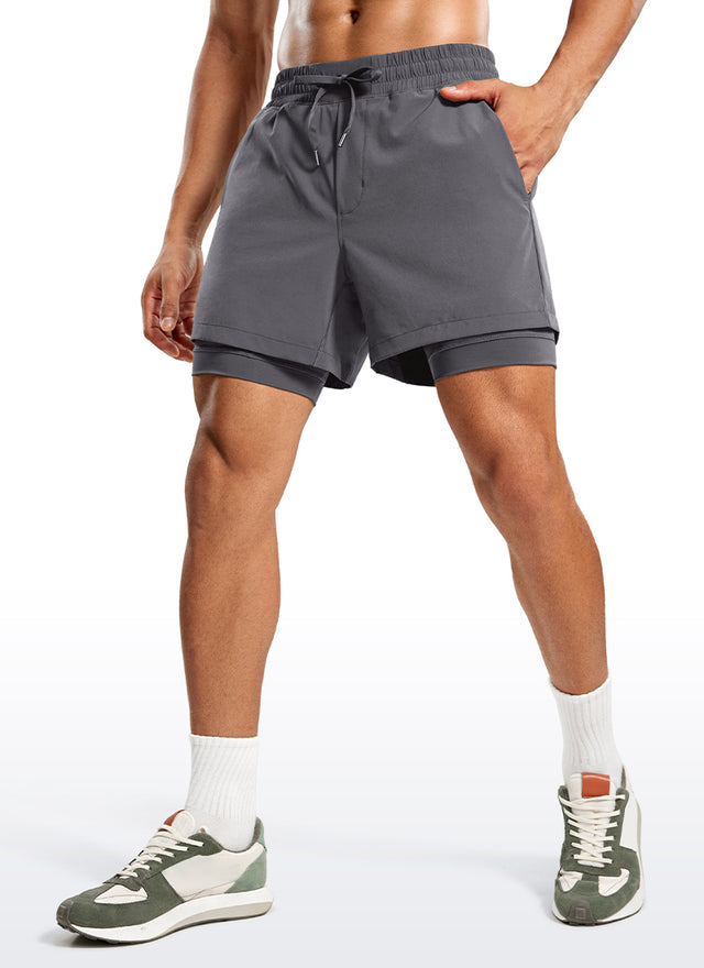 CRZ YOGA Men's Train Relaxed Fit Feathery-Fit 2 in 1 Shorts 5'' with Long Liner Dark Carbon