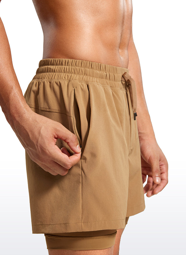 CRZ YOGA Men's Train Relaxed Fit Feathery-Fit 2 in 1 Shorts 5'' with Long Liner Khaki Sand