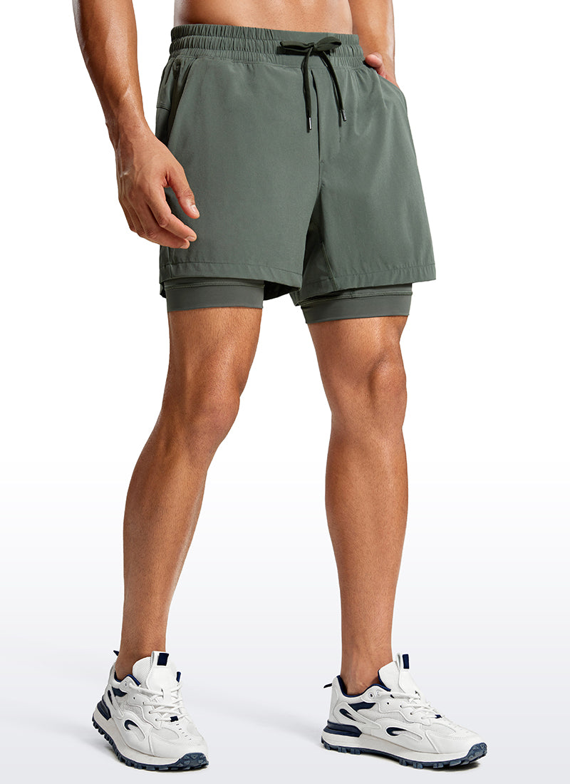 CRZ YOGA Men's Train Relaxed Fit Feathery-Fit 2 in 1 Shorts 5'' with Long Liner Grey Sage