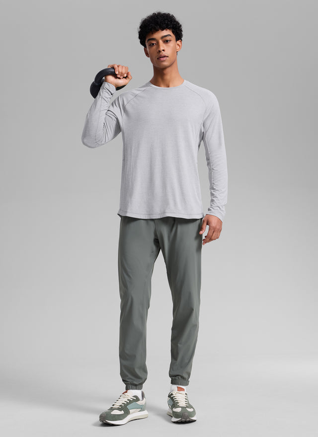 CRZ YOGA Men's Train Slim Fit Lightweight Rounded Scallop Long Sleeves Light Gray Heather
