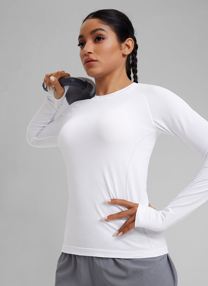 CRZ YOGA Women Seamless Workout Crew Neck Long Sleeve Shirts White