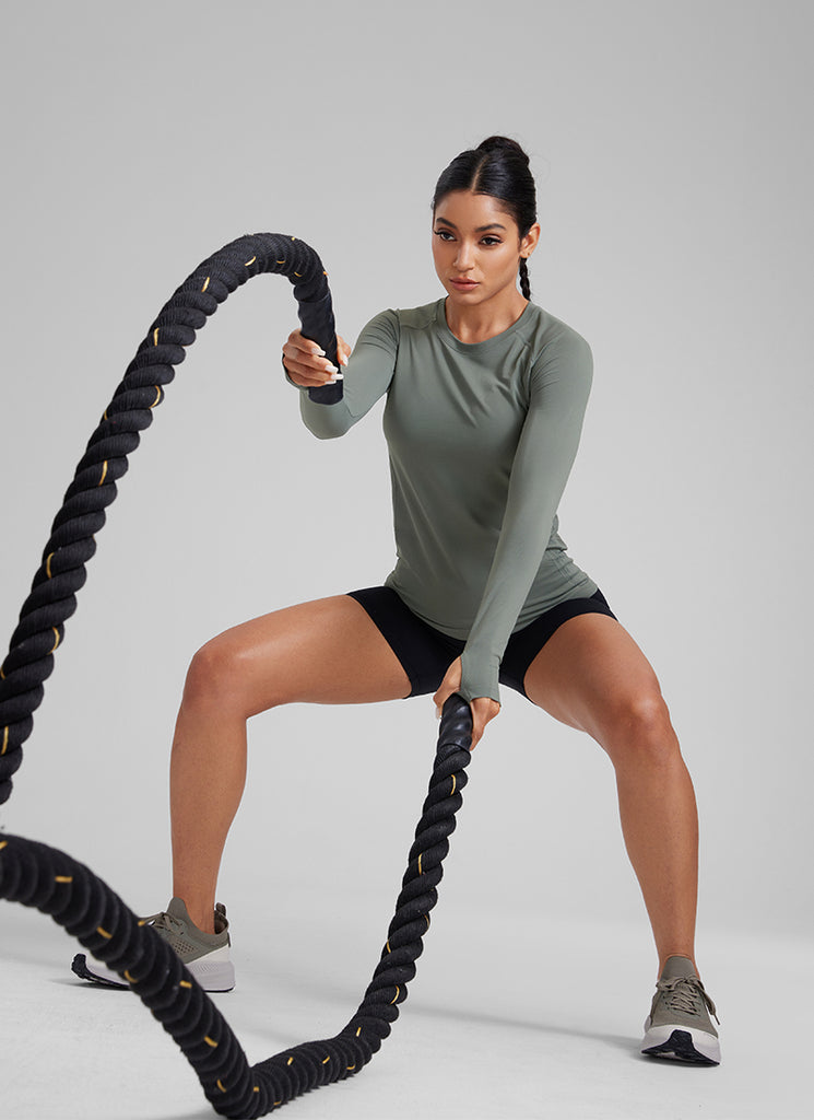 CRZ YOGA Women Seamless Workout Crew Neck Long Sleeve Shirts Grey Sage