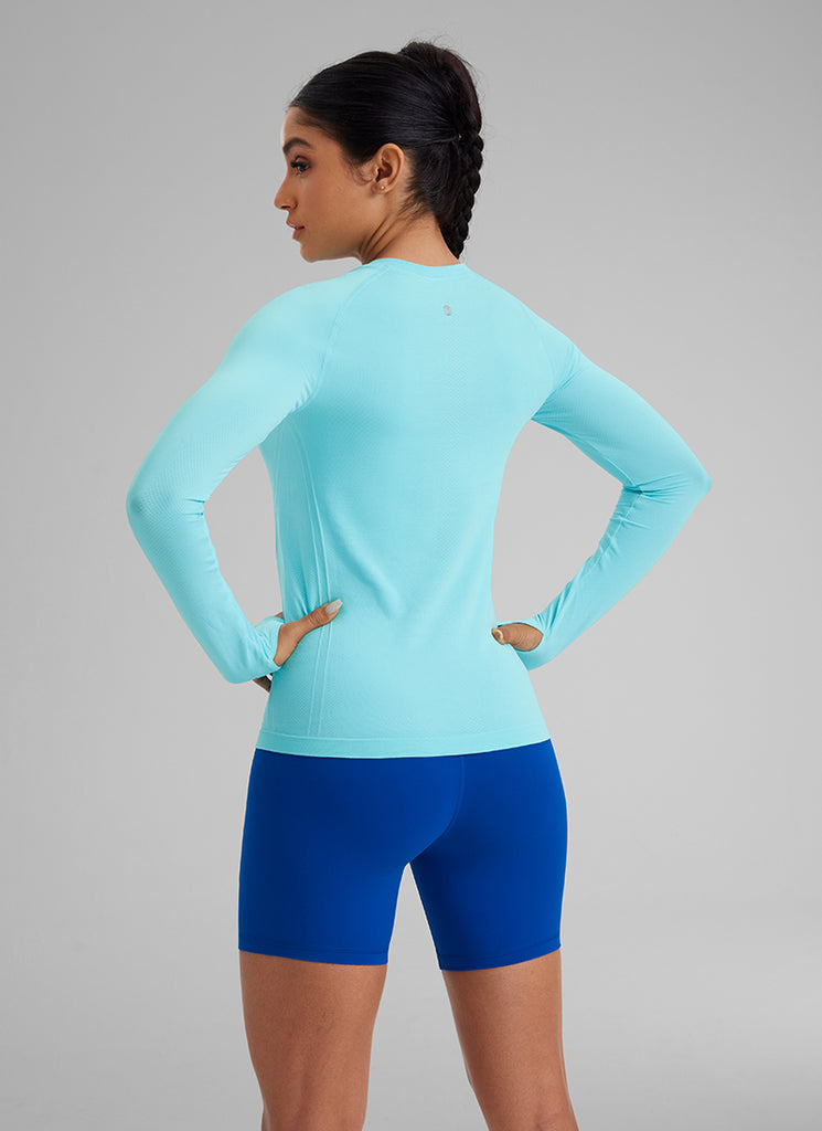 CRZ YOGA Women Seamless Workout Crew Neck Long Sleeve Shirts White