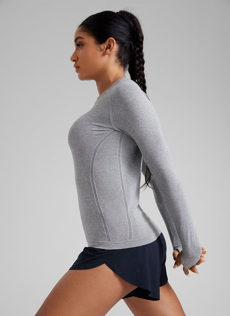 CRZ YOGA Women Seamless Workout Crew Neck Long Sleeve Shirts Turquoise2