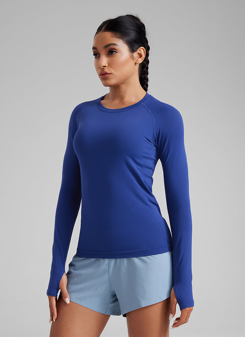 CRZ YOGA Women Seamless Workout Crew Neck Long Sleeve Shirts Slate Grey Marl