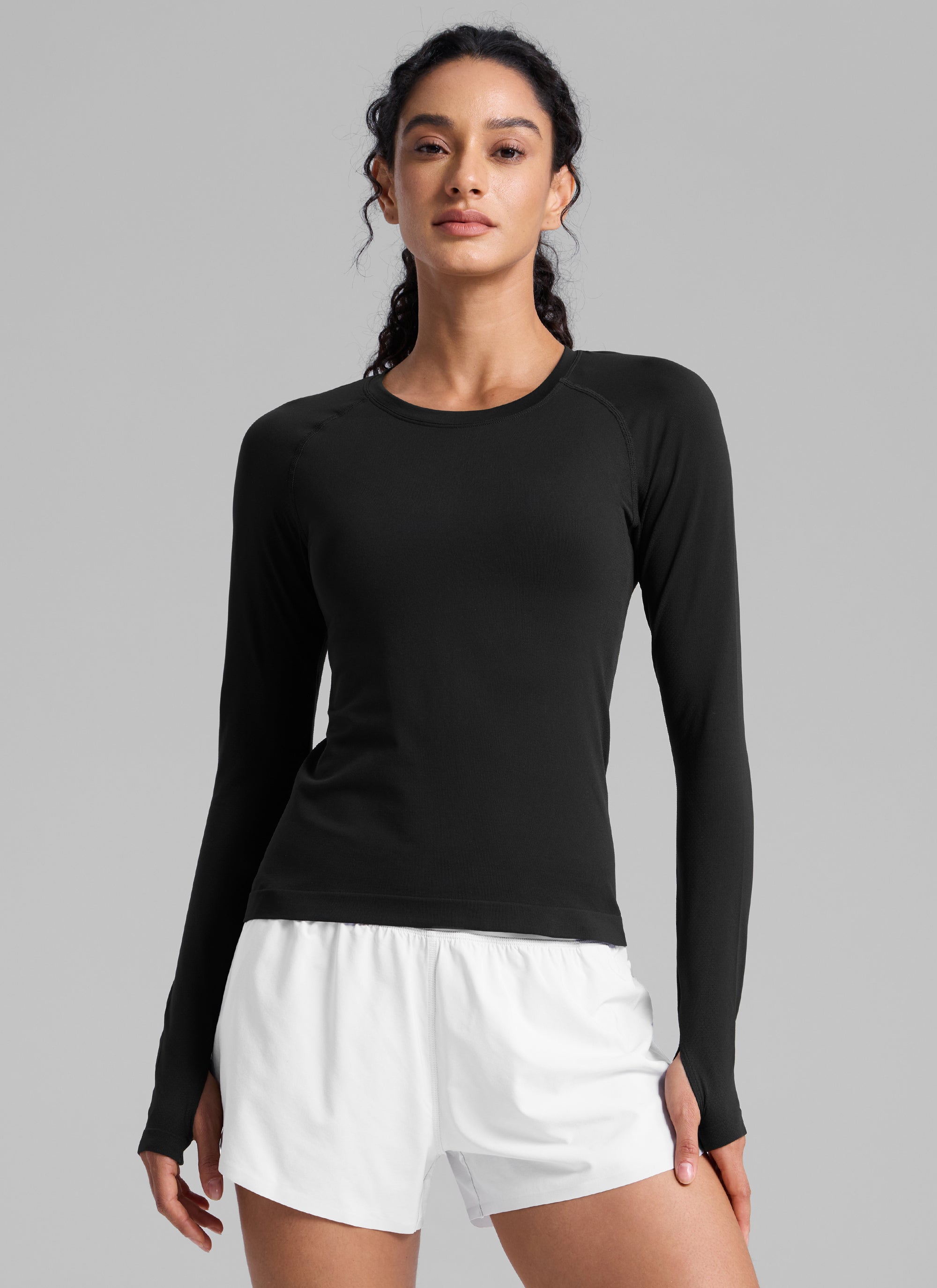 CRZ YOGA Women's Running Quick Dry Shirts Seamless Long Sleeves Black