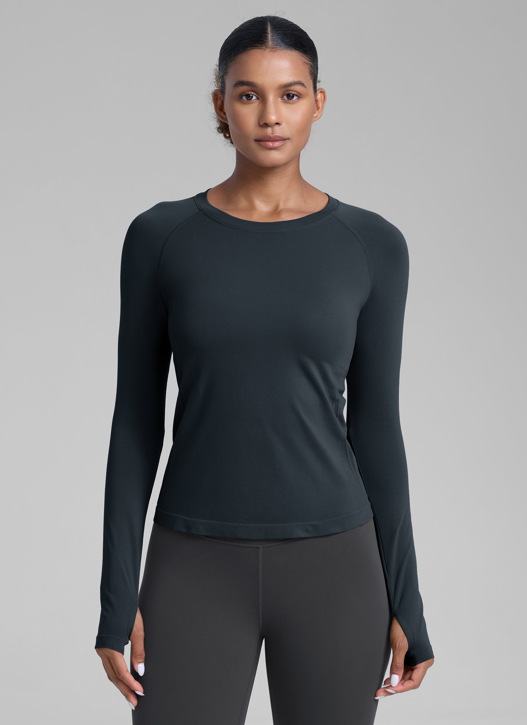 CRZ YOGA Women's Running Quick Dry Shirts Seamless Long Sleeves True Navy