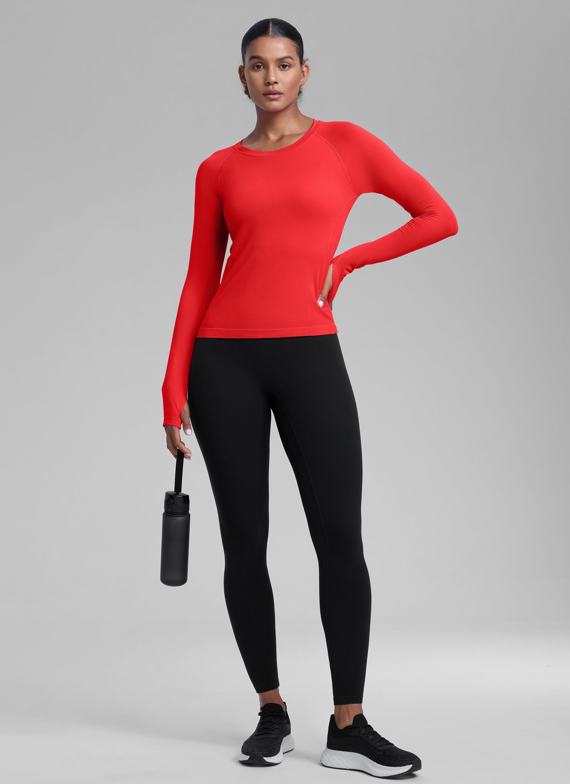 CRZ YOGA Women's Run Train Shirts Seamless Long Sleeve Waist Length Deep Red @model_info:Babrabra