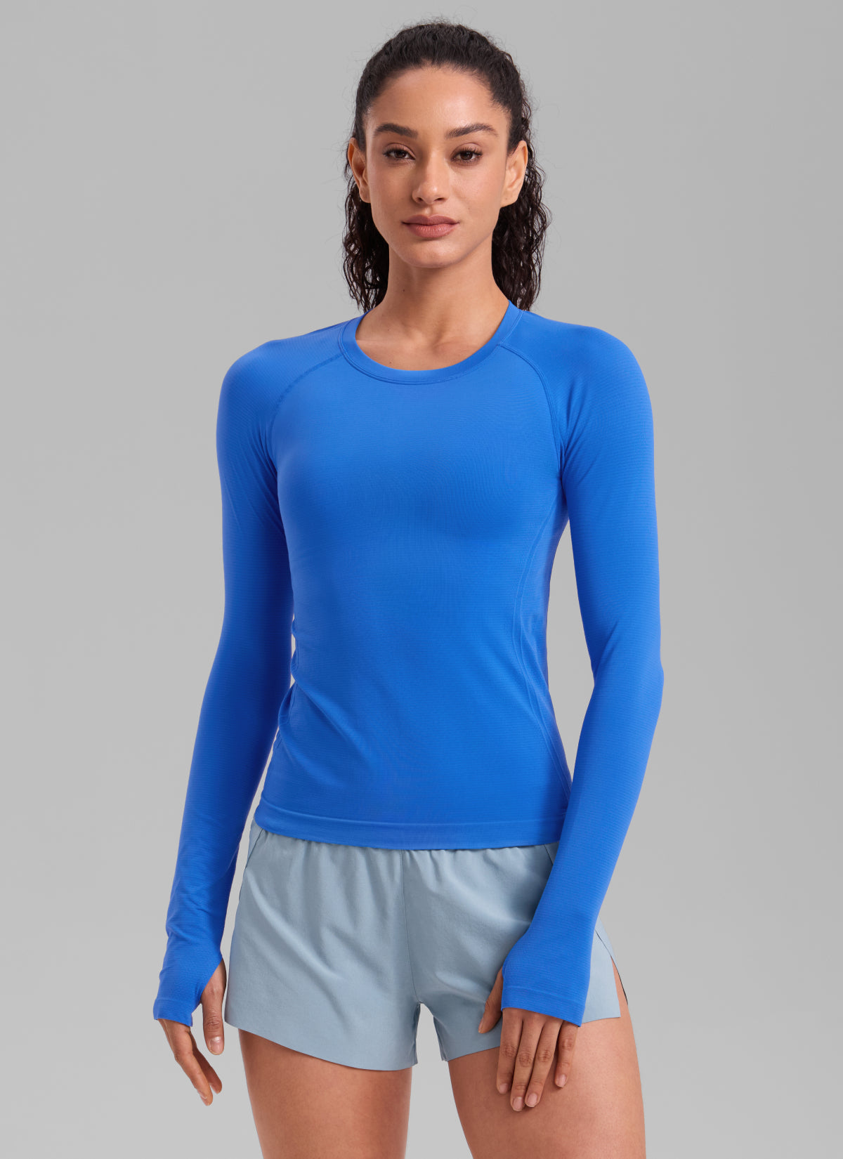 CRZ YOGA Women's Running Quick Dry Shirts Seamless Long Sleeves Sparkle Blue