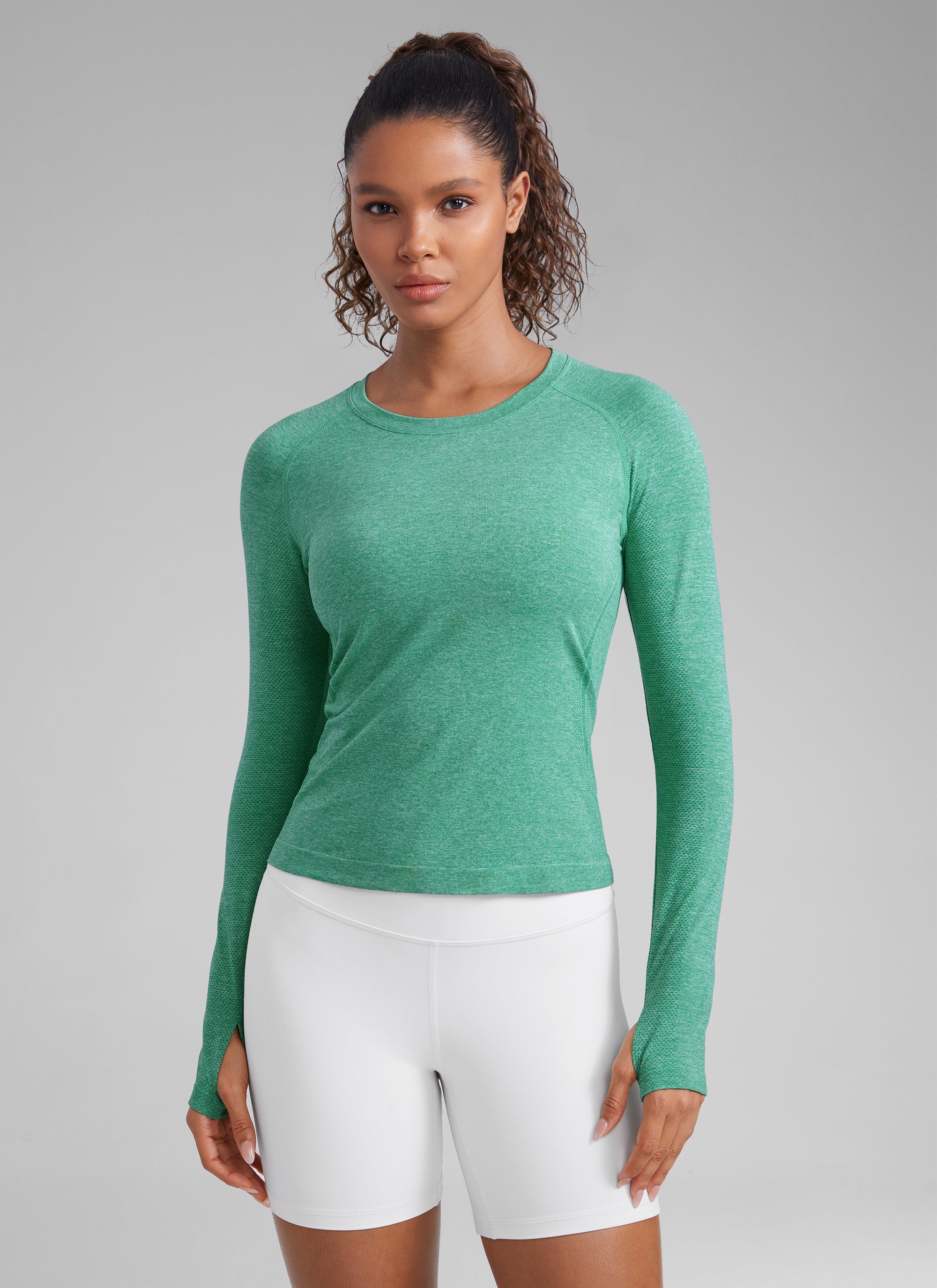 CRZ YOGA Women's Running Quick Dry Shirts Seamless Long Sleeves Cascadia Green