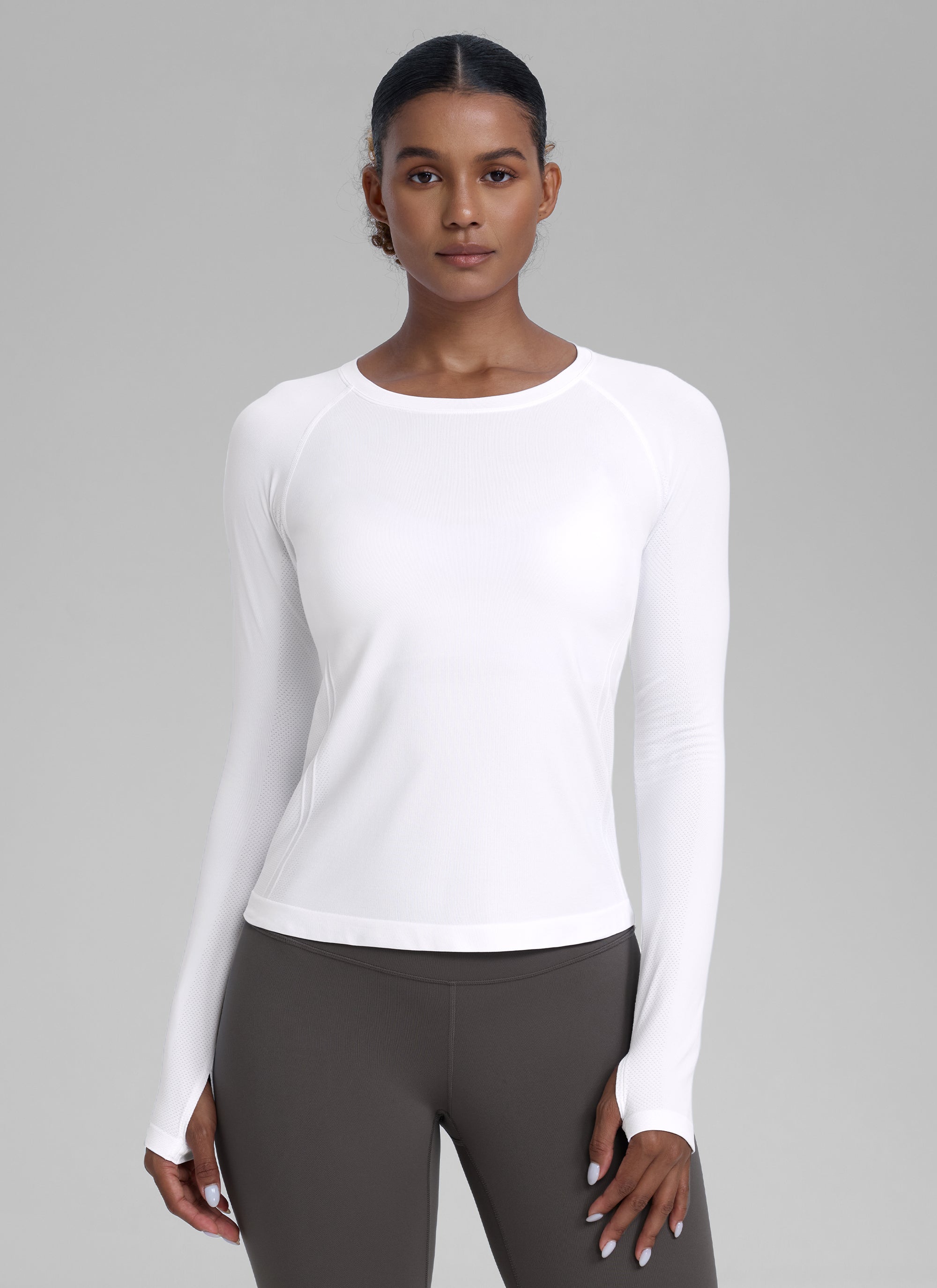 CRZ YOGA Women's Running Quick Dry Shirts Seamless Long Sleeves White