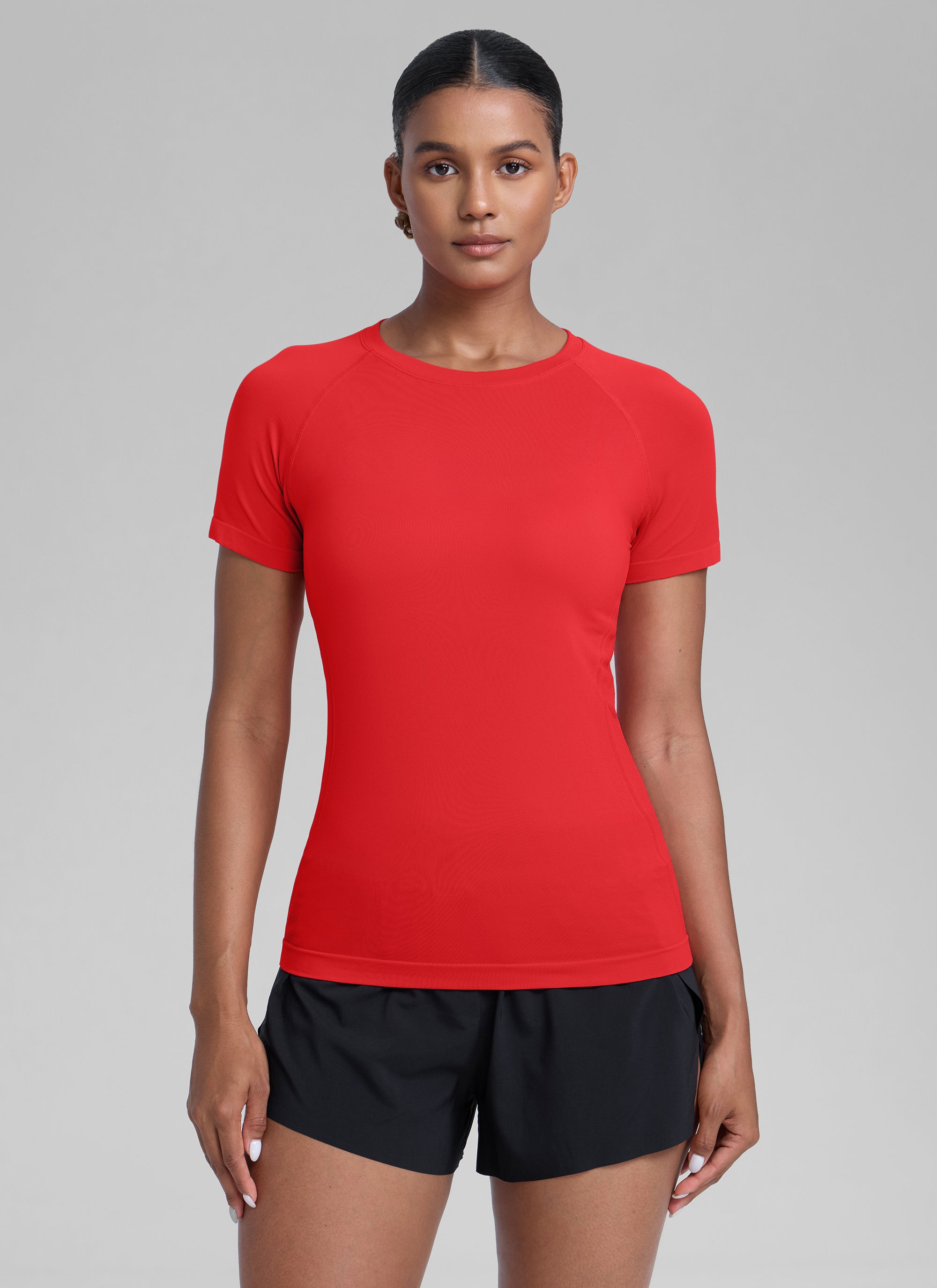 CRZ YOGA Women's Running Classic Fit Shirts Seamless Short Sleeves Deep Red