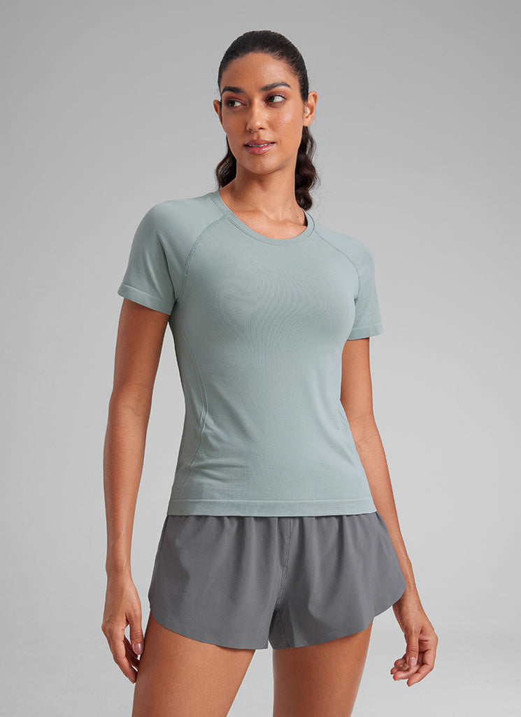 CRZ YOGA Women's Training Classic Fit Shirts Seamless Short Sleeves Cascadia Green