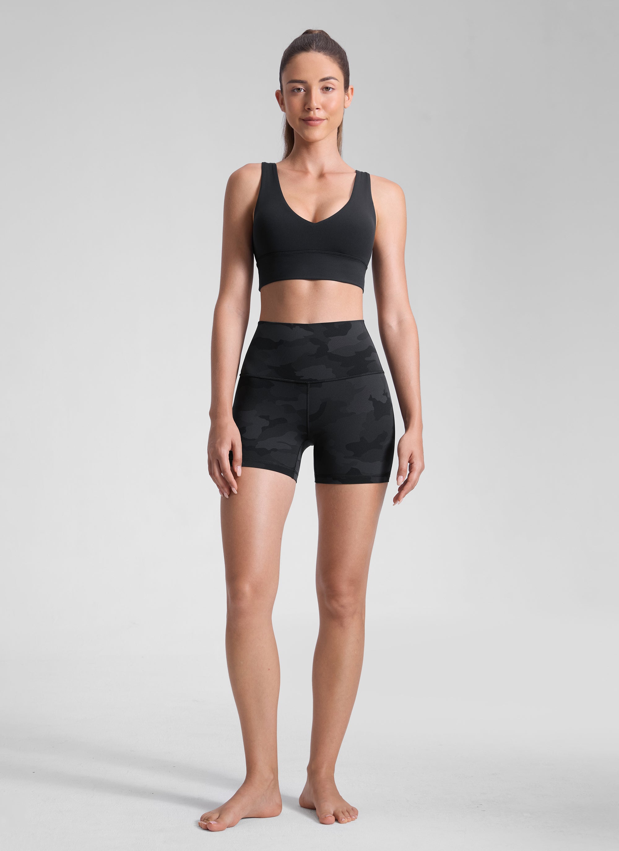 CRZ YOGA Women's Yoga High Rise Biker Shorts Butterluxe Shorts 4'' Dark Grey Camouflage 2