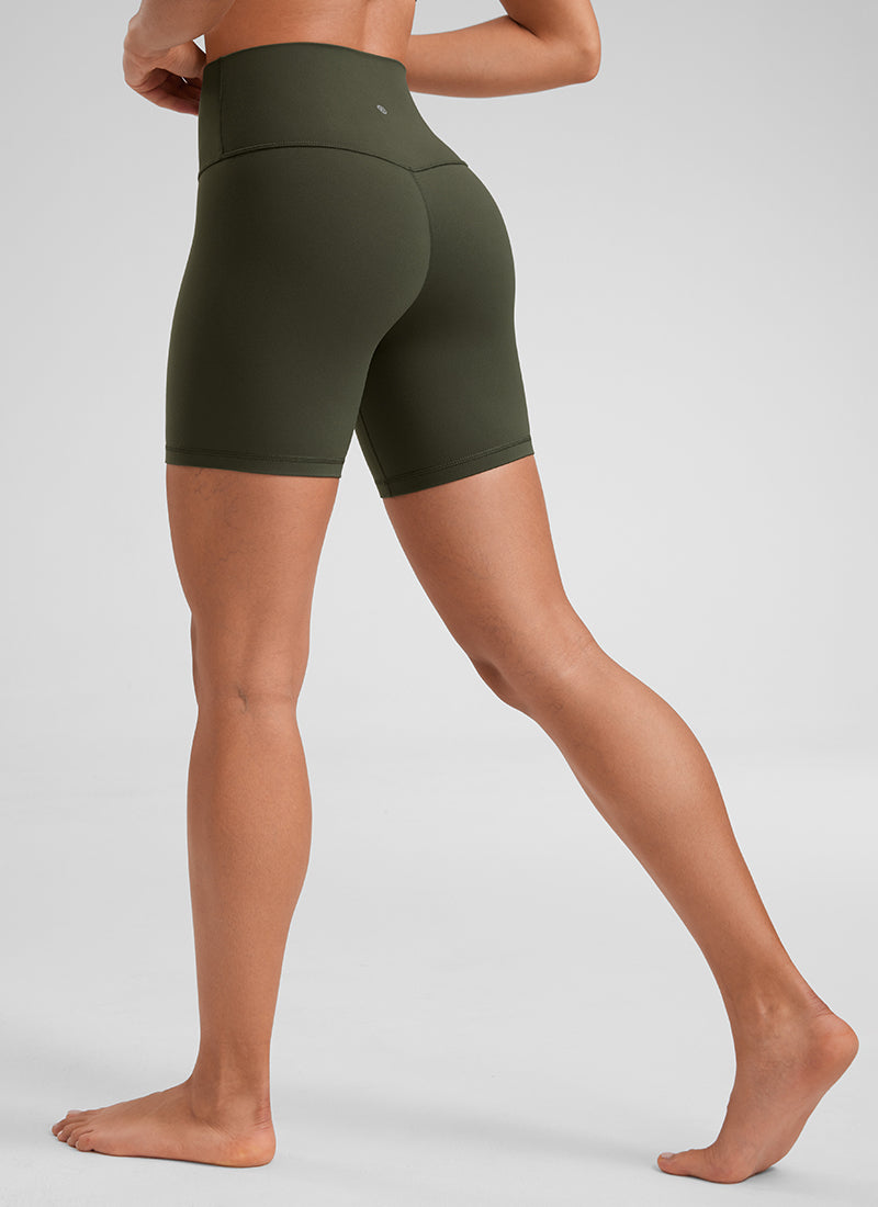 CRZ YOGA Women's Yoga High Rise Biker Shorts Butterluxe Shorts 6'' Olive Green @model_info:Fiona