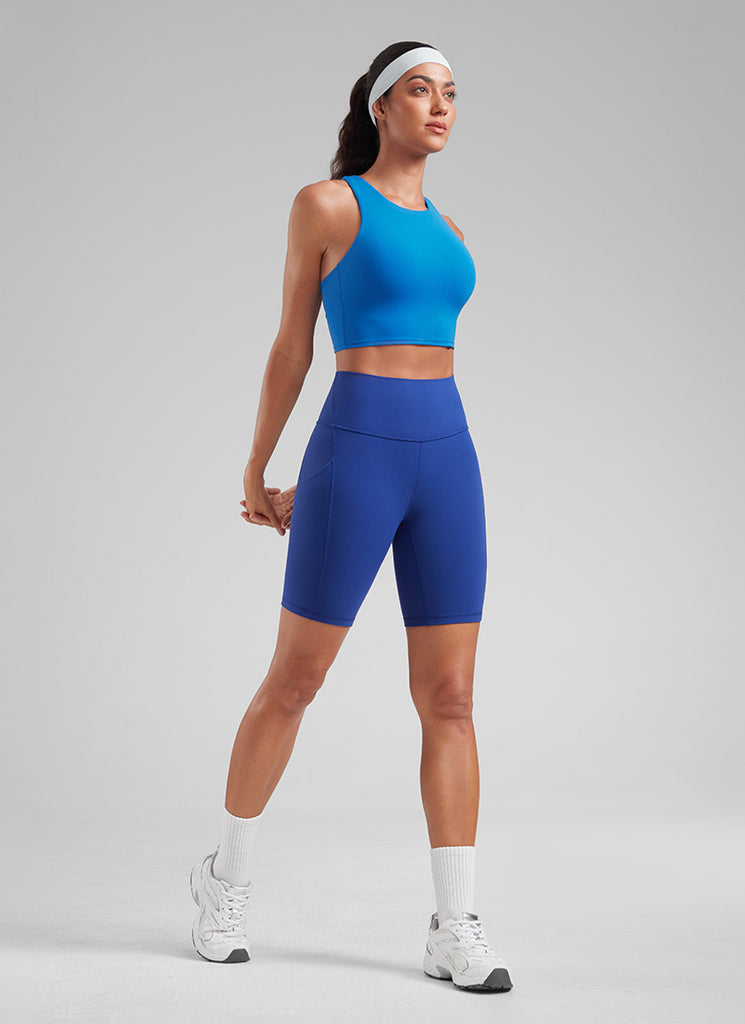 CRZ YOGA Women's Yoga High Rise Biker Butterluxe Pockets Shorts 8'' Waves Blue