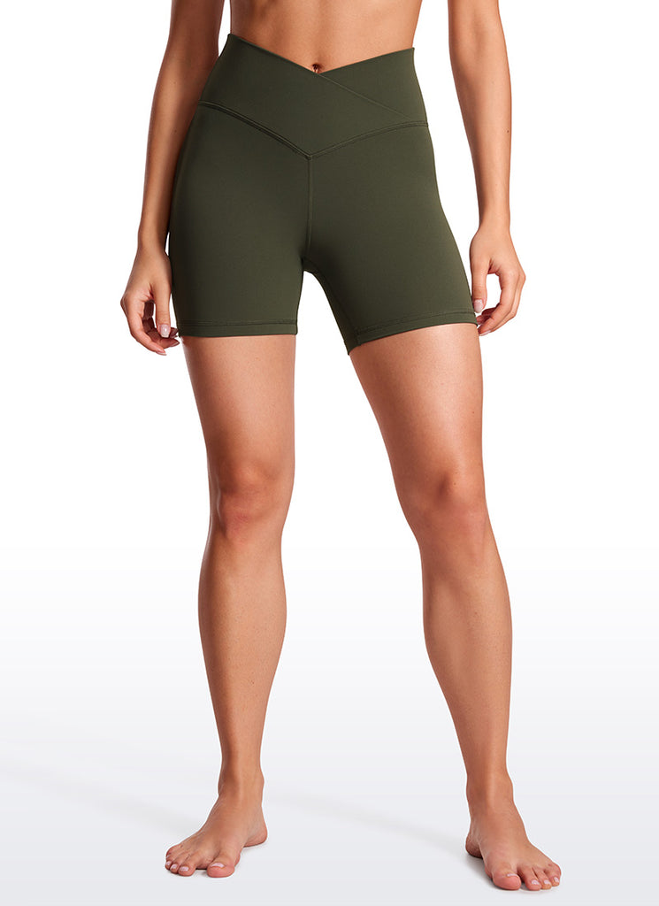 CRZ YOGA Women's High Rise Butterluxe V Cross Waist Biker Shorts 5'' Olive Green
