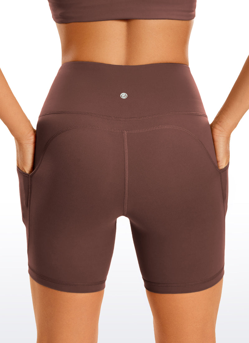 CRZ YOGA Women's High Rise Biker Brushed Nakedfeel Pockets Shorts 6'' Taupe