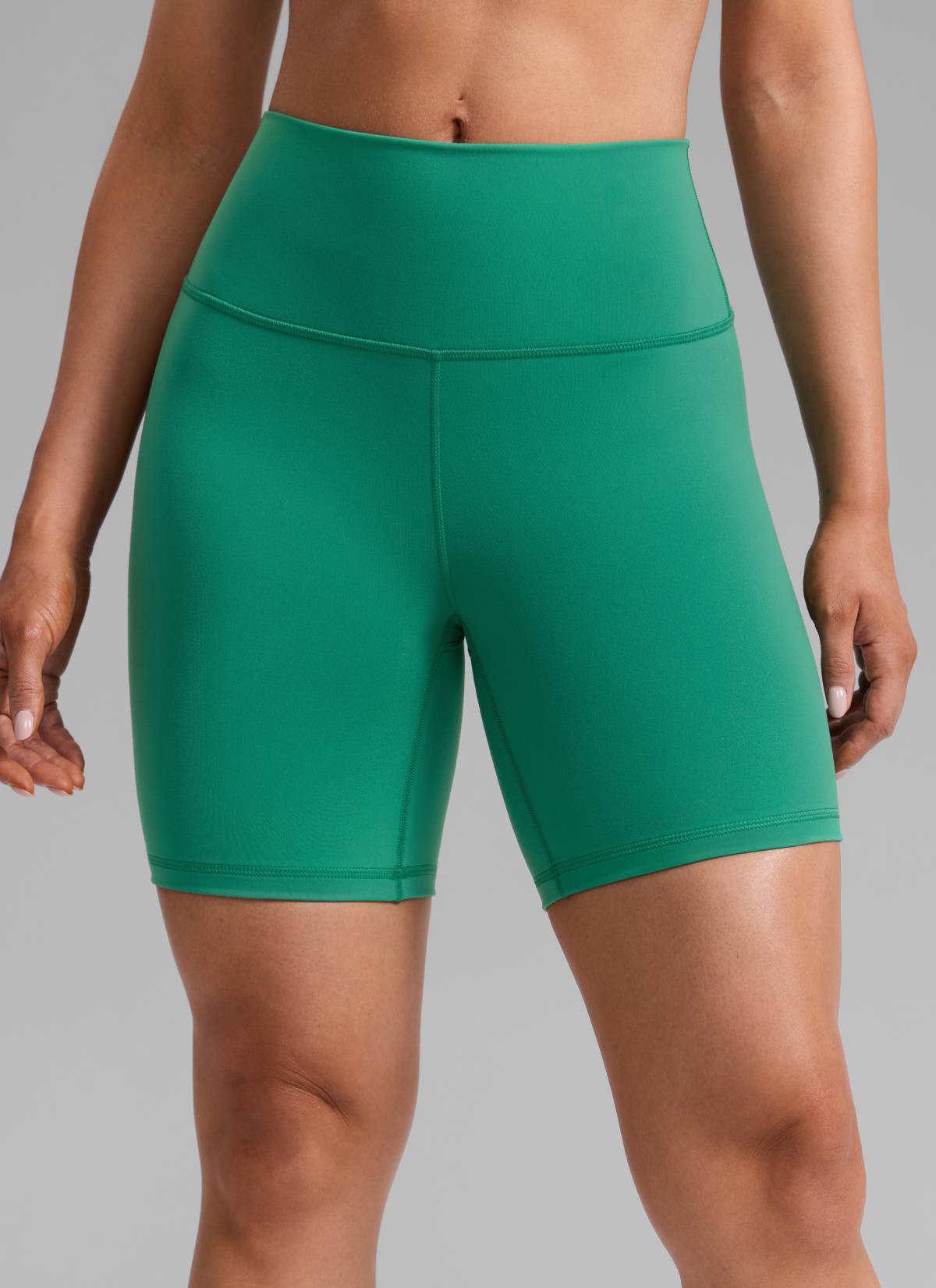 CRZ YOGA Women's Workout High Rise Biker Shorts Butterbreeze Shorts 6'' Cascadia Green @model_info:Mriana