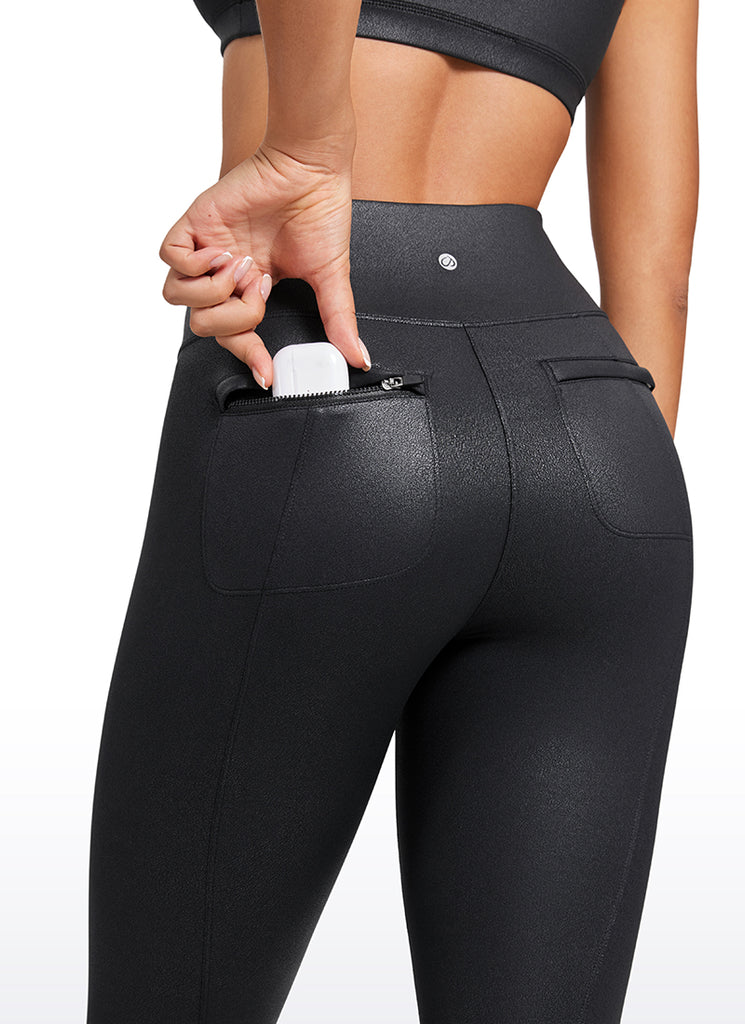CRZ YOGA Butterluxe Women Matte Faux Leather Leggings Back Pockets 25" Black Foil Pattern